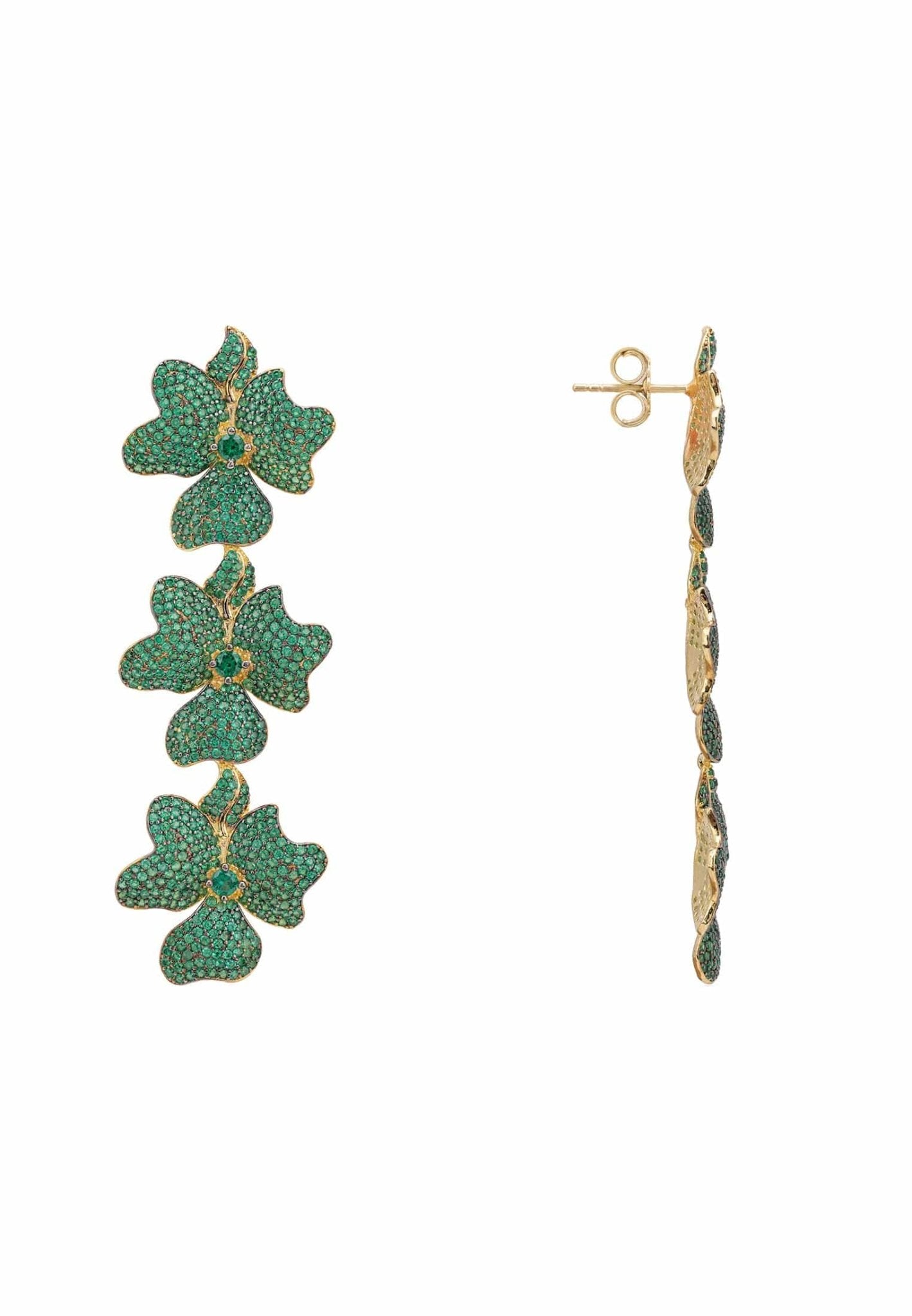 Jasmine Flower Triple Drop Earrings in gold with emerald green cubic zirconia, featuring a floral design and elegant drop style.