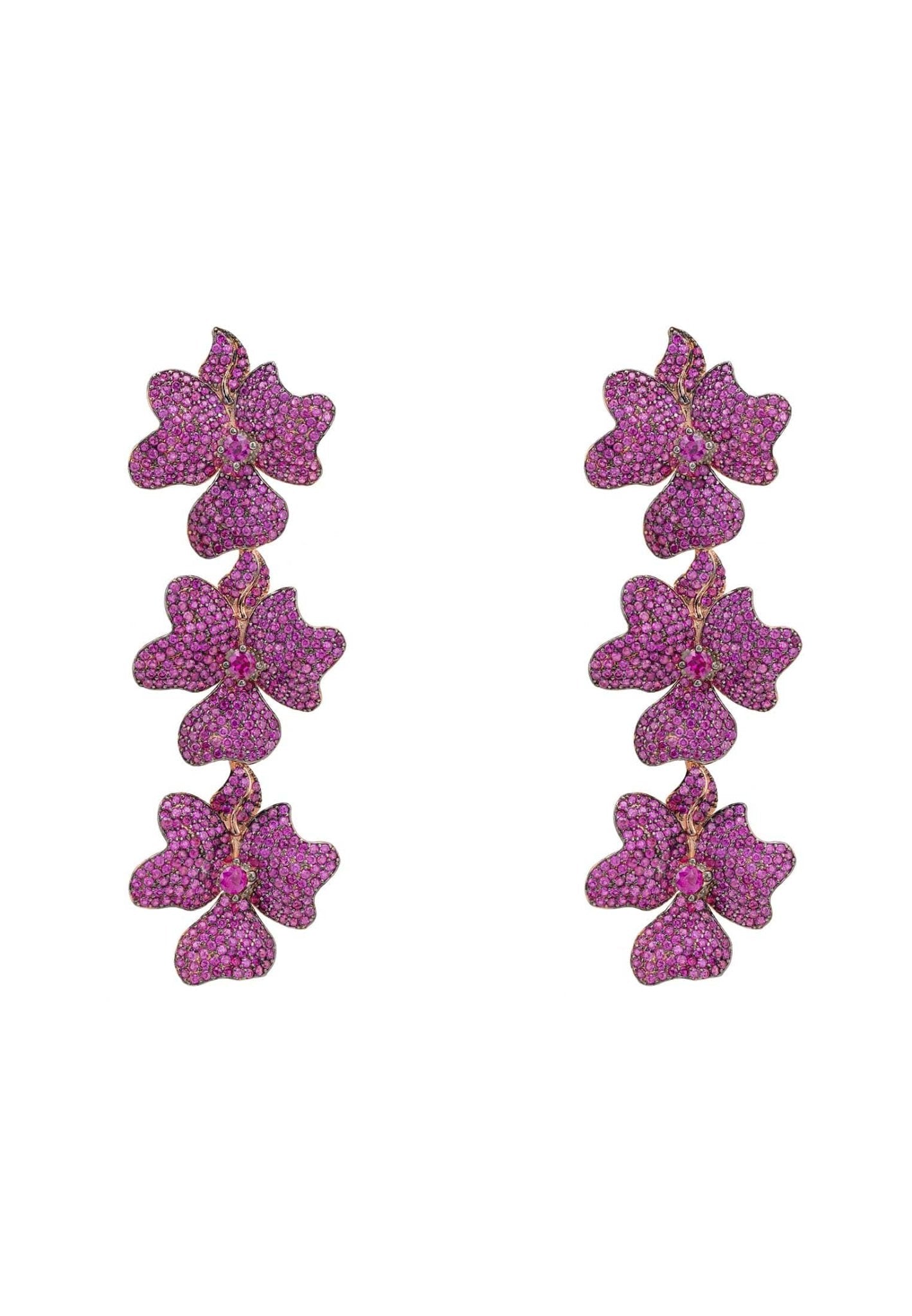 Jasmine Flower Triple Drop Earrings in rosegold featuring sparkling cubic zirconia and ruby accents, elegantly designed for special occasions.