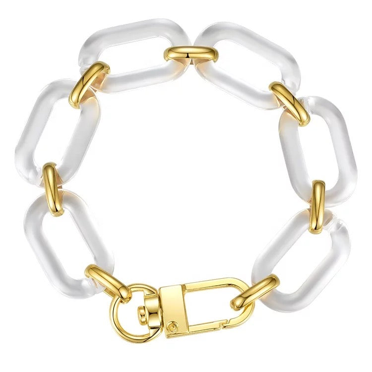 Jenna Link Acrylic Clear Bracelet featuring clear acrylic links and 18k gold plated stainless steel.