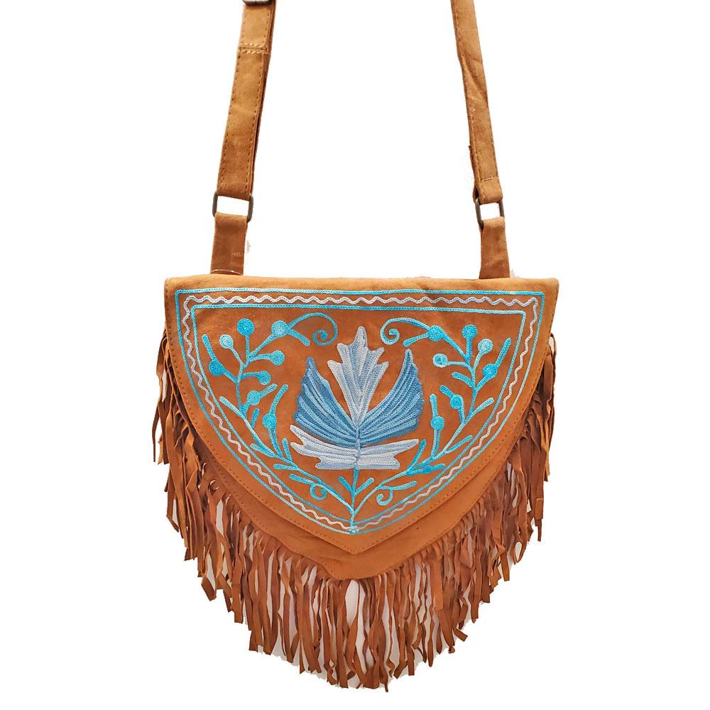 Kashida Embroidery of Bihar Suede Purse featuring intricate designs and a fringe tassel shoulder strap.