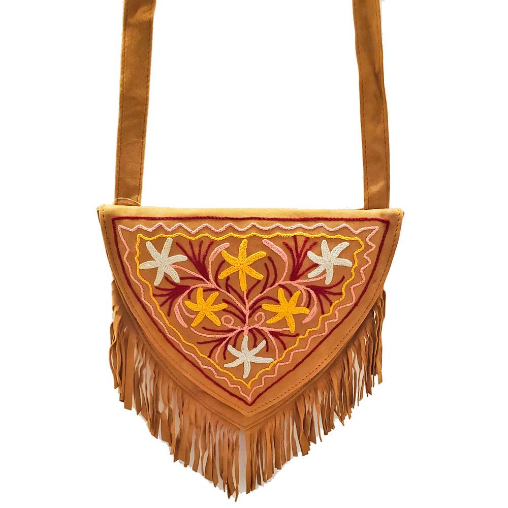 Kashida Embroidery of Bihar Suede Purse featuring intricate designs and a fringe tassel shoulder strap.