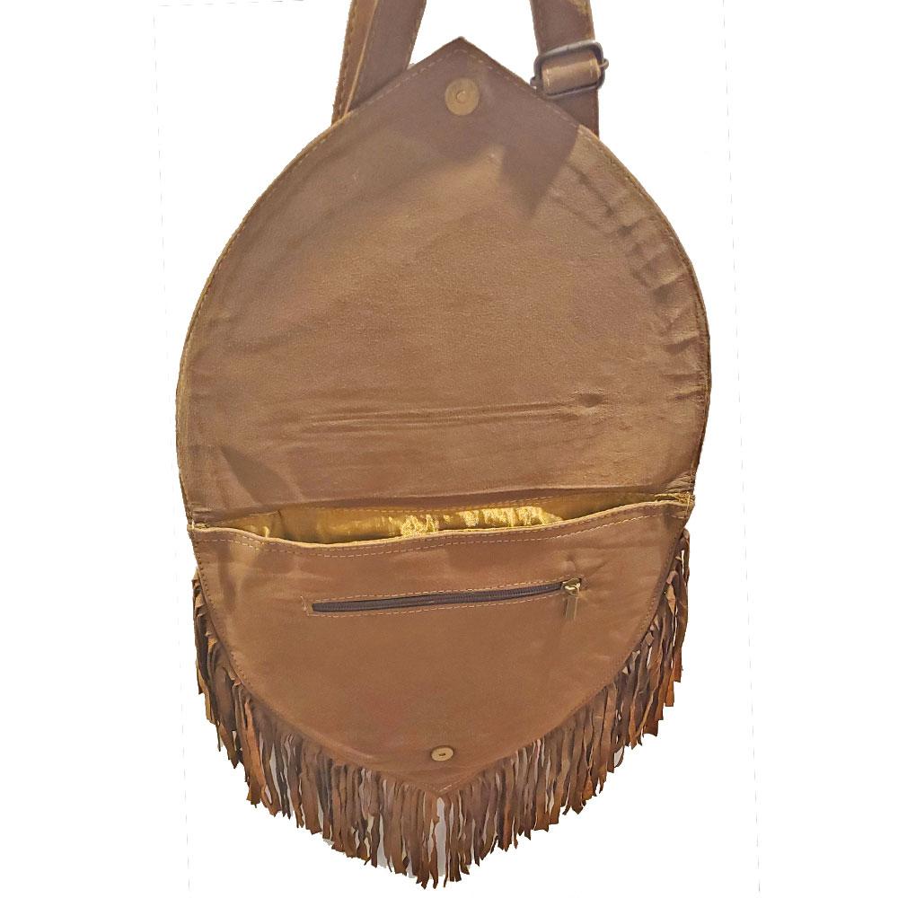 Kashida Embroidery of Bihar Suede Purse featuring intricate designs and a fringe tassel shoulder strap.