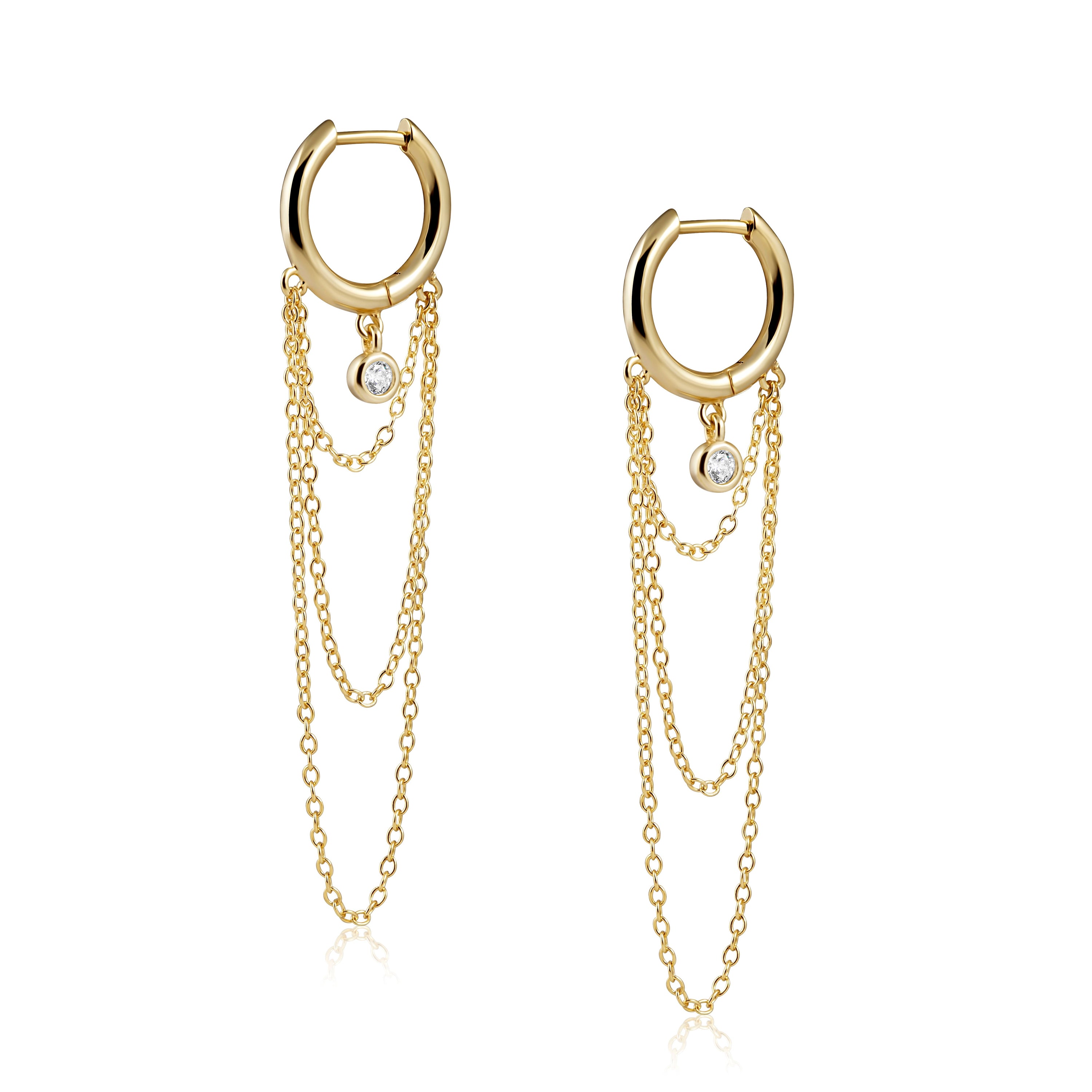 Stylish Kayla Hoop earrings featuring 14k gold plating over sterling silver, showcasing a 12mm hoop and 1 1/2 inch drop.