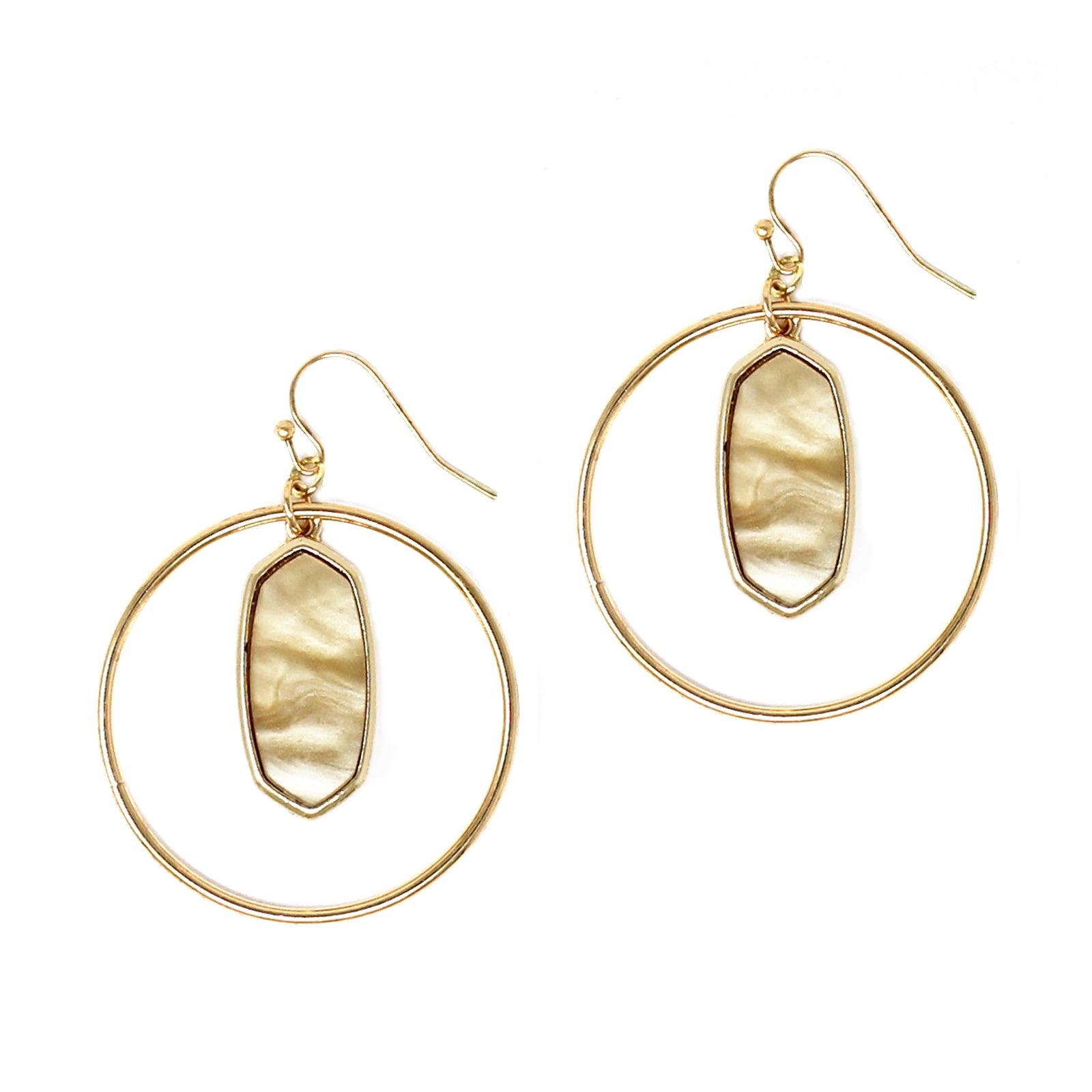 Kenzie Circle Drop Earrings featuring a dangling hoop design with a beautiful center piece, crafted from alloy metal.