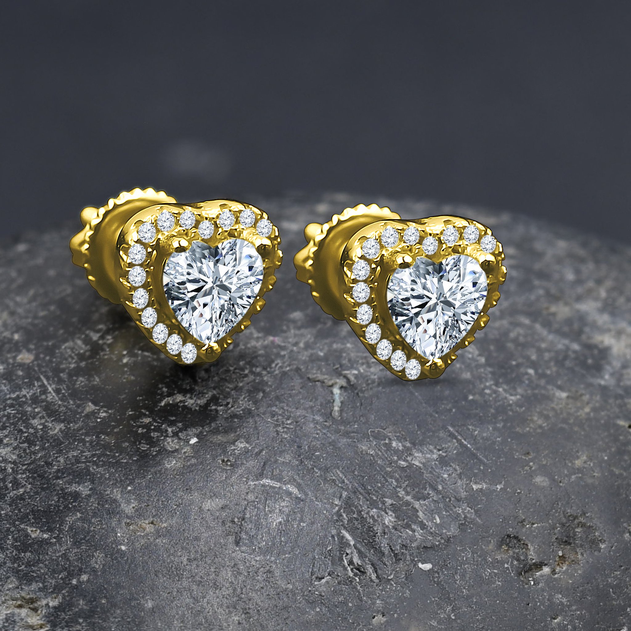 Elegant Kernel Screw Back earrings featuring heart-shaped cubic zircon stones set in brass copper metal, showcasing a radiant design.