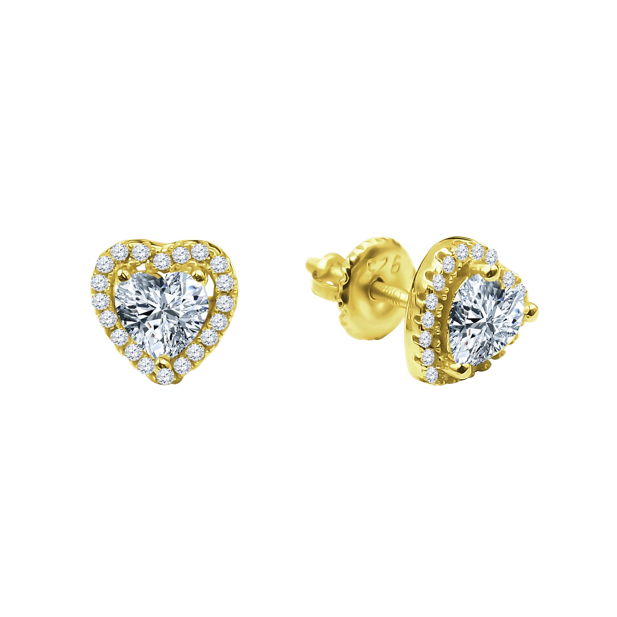 Elegant Kernel Screw Back earrings featuring heart-shaped cubic zircon stones set in brass copper metal, showcasing a radiant design.