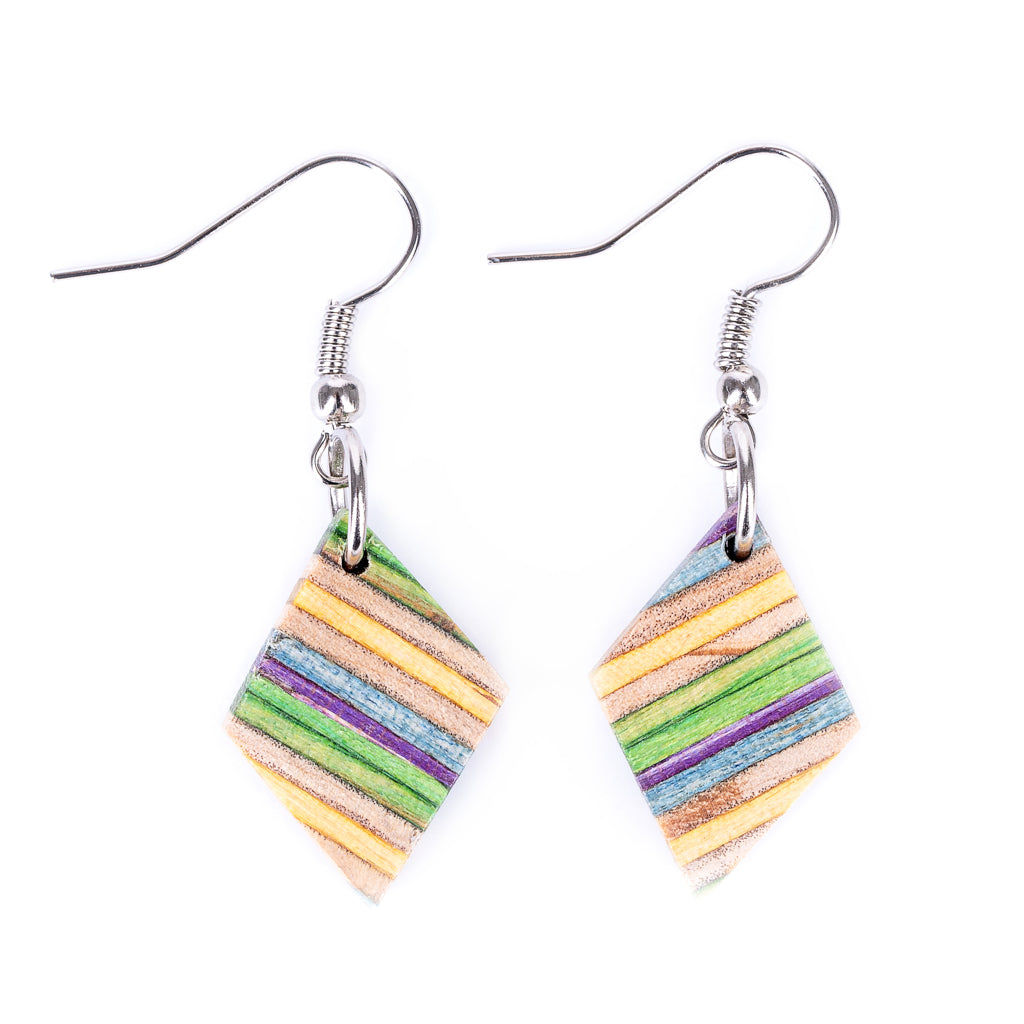 Kite Recycled Skateboard Dangle Earrings showcasing vibrant colors and unique patterns, handcrafted from upcycled skateboards.