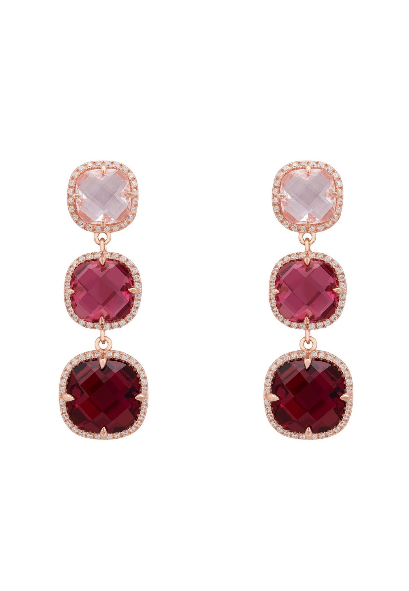 Knightsbridge Earrings in rosegold featuring rubies, pink tourmalines, and rose quartz hydro stones, elegantly designed for a luxurious look.