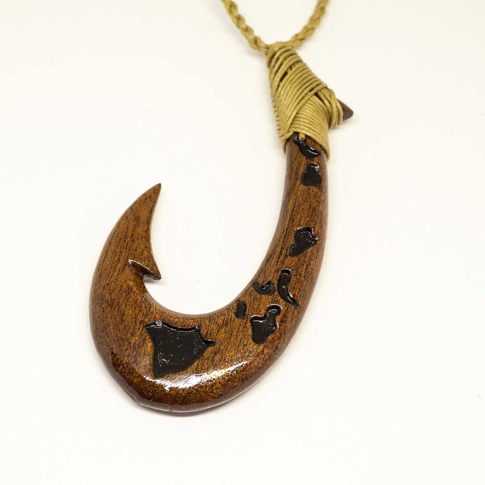 Koa Wood Handmade Fishhook Pendant Necklace showcasing Hawaiian Island chain map design.