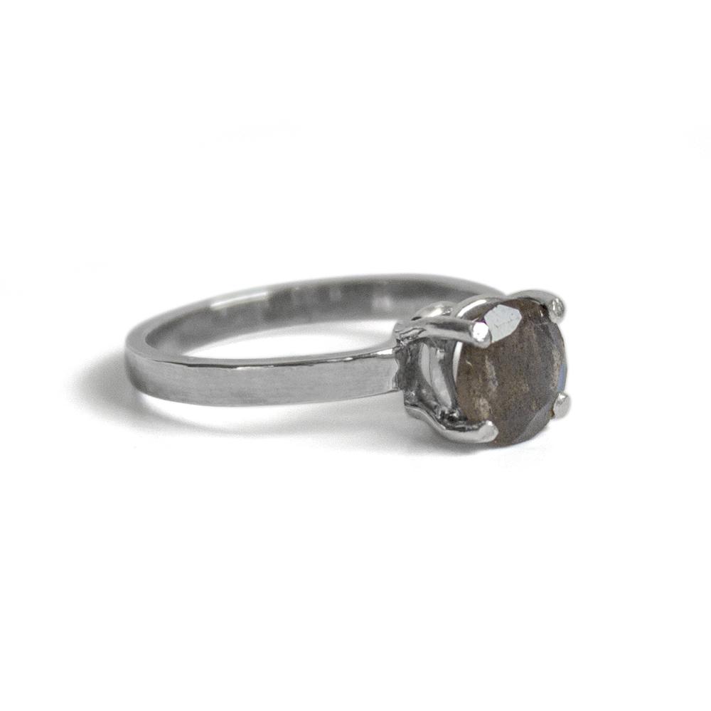 Labradorite Basket Solitaire Sterling Silver Ring showcasing a round brilliant labradorite gemstone in a four prong setting.