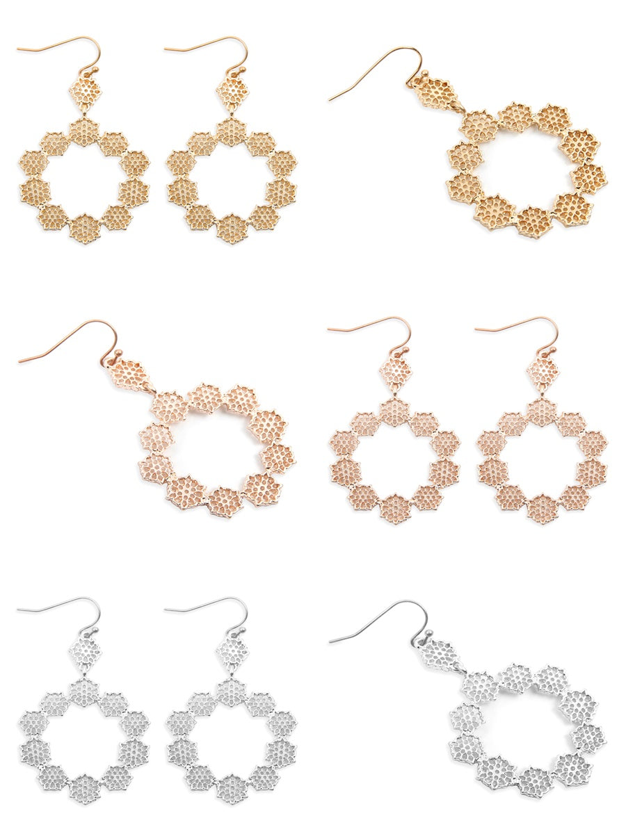 Lace Filigree Fish Hook dangle earrings in various colors, showcasing intricate design and elegant drop length.