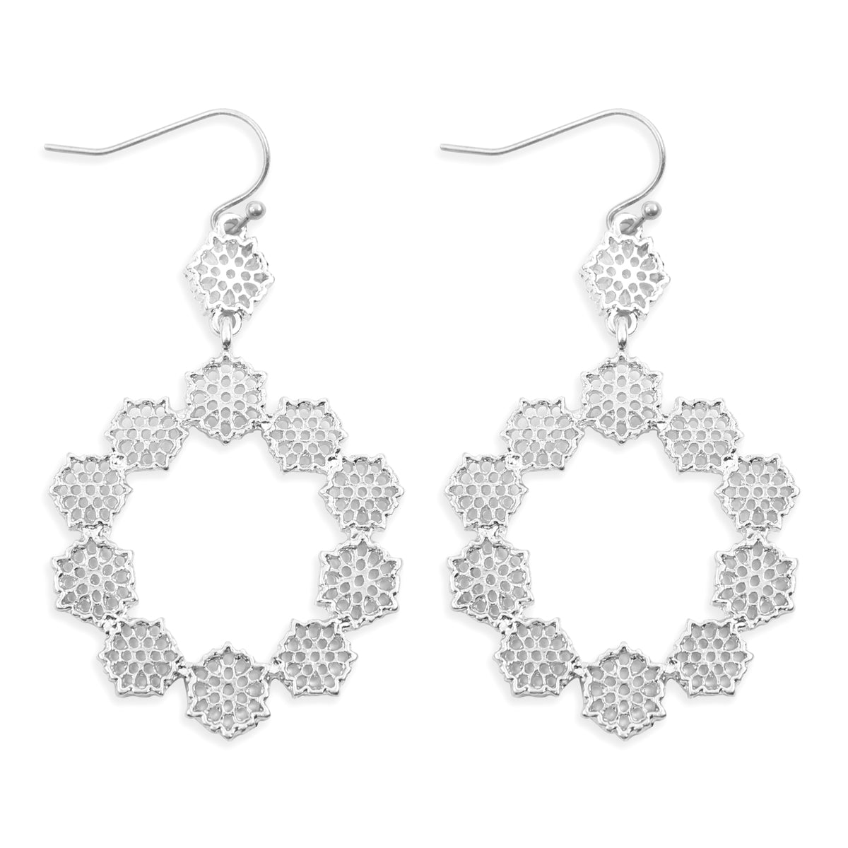 Lace Filigree Fish Hook dangle earrings in various colors, showcasing intricate design and elegant drop length.