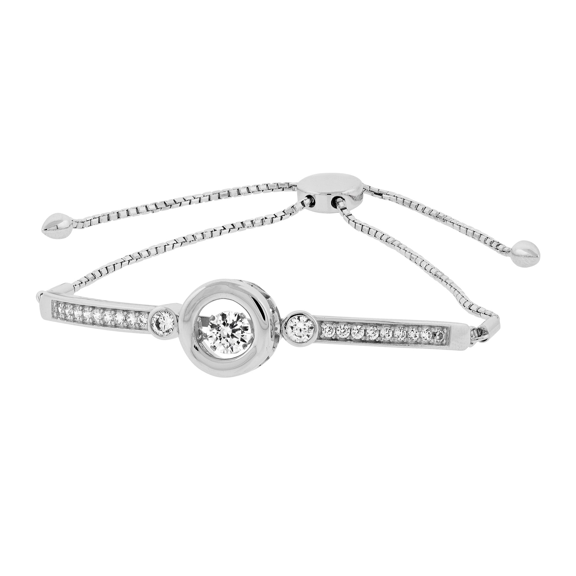 Lachouette round charm dancing bracelet made of 925 sterling silver with white sapphire accents, showcasing elegance and craftsmanship.
