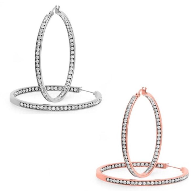 Ladies 18k rose gold plated stainless steel hoop earrings with simulated diamonds, showcasing a feminine and elegant design.