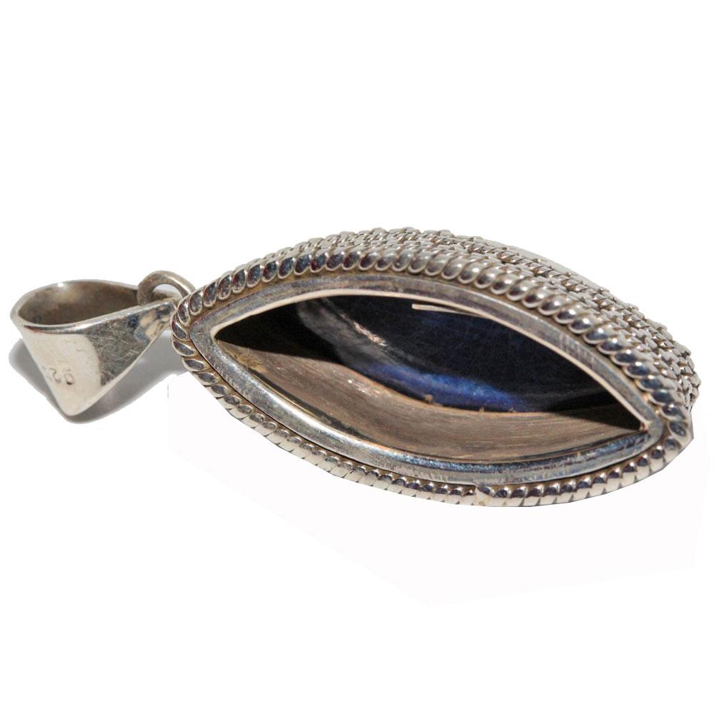 A beautiful Lapis Lazuli Marquise Cut Pendant set in sterling silver, showcasing intricate filigree work and a vibrant blue stone.