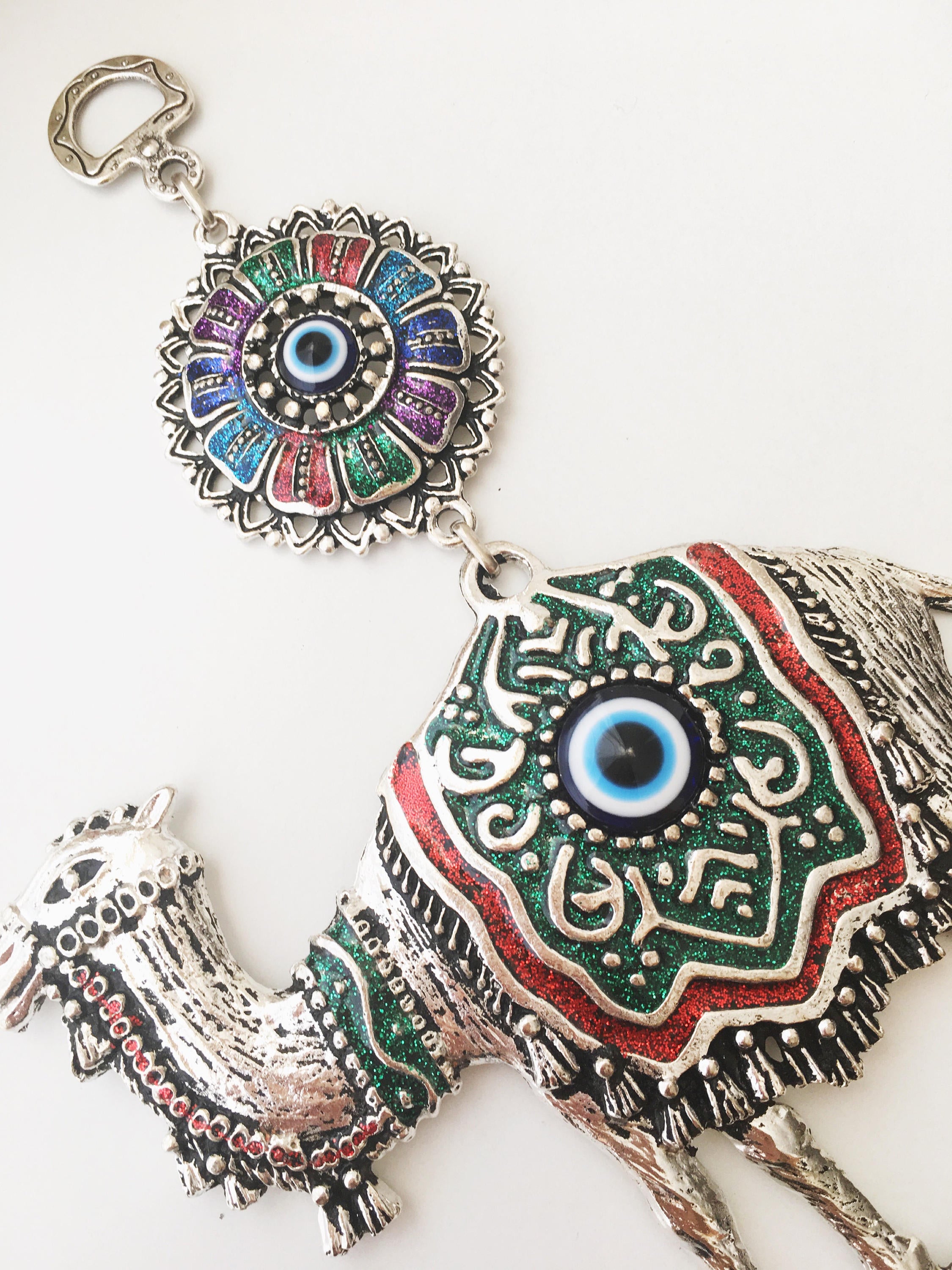 Large Camel Evil Eye Wall Hanging featuring unique handmade design with large evil eye beads and metal camel charm.