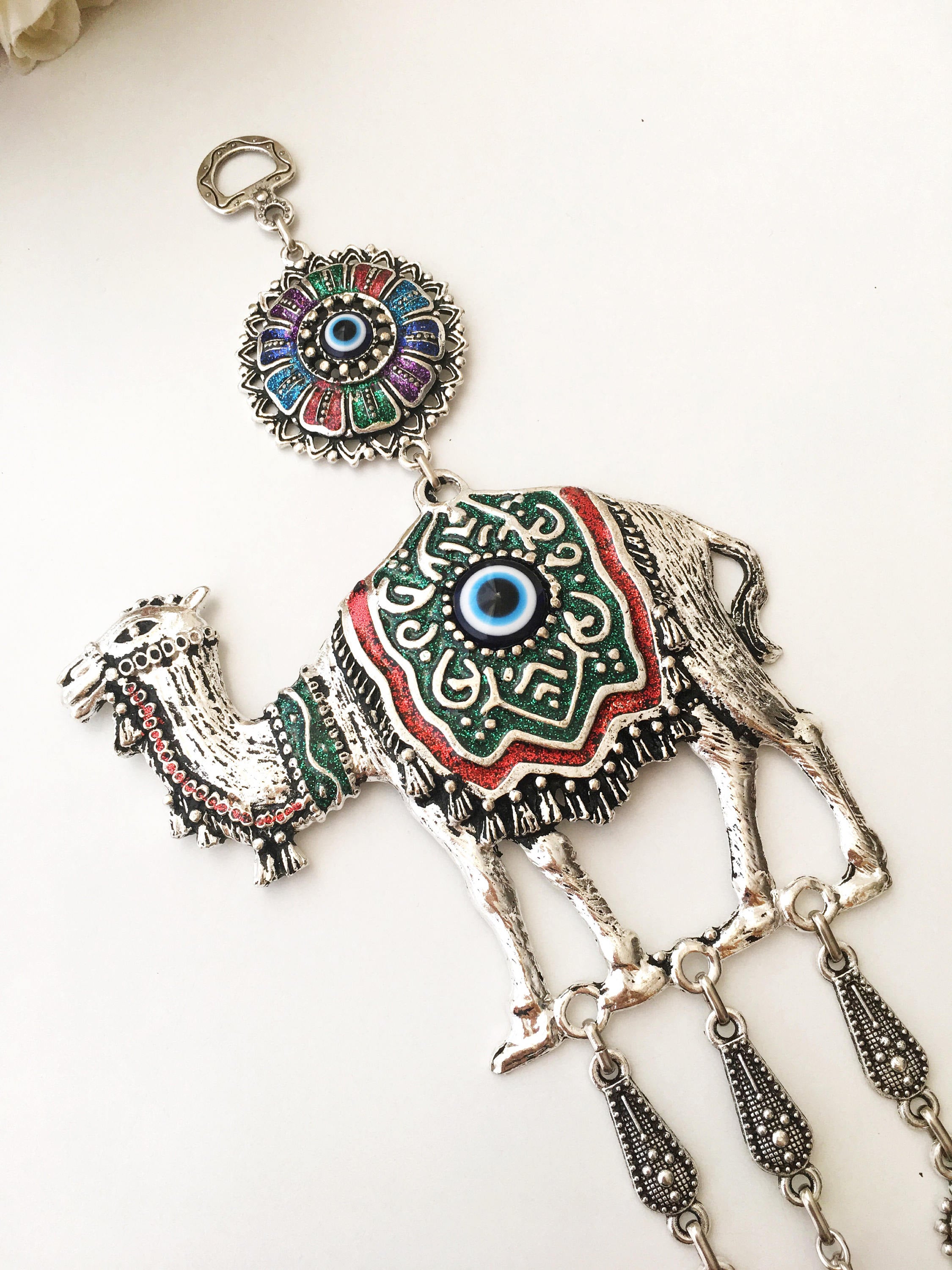 Large Camel Evil Eye Wall Hanging featuring unique handmade design with large evil eye beads and metal camel charm.