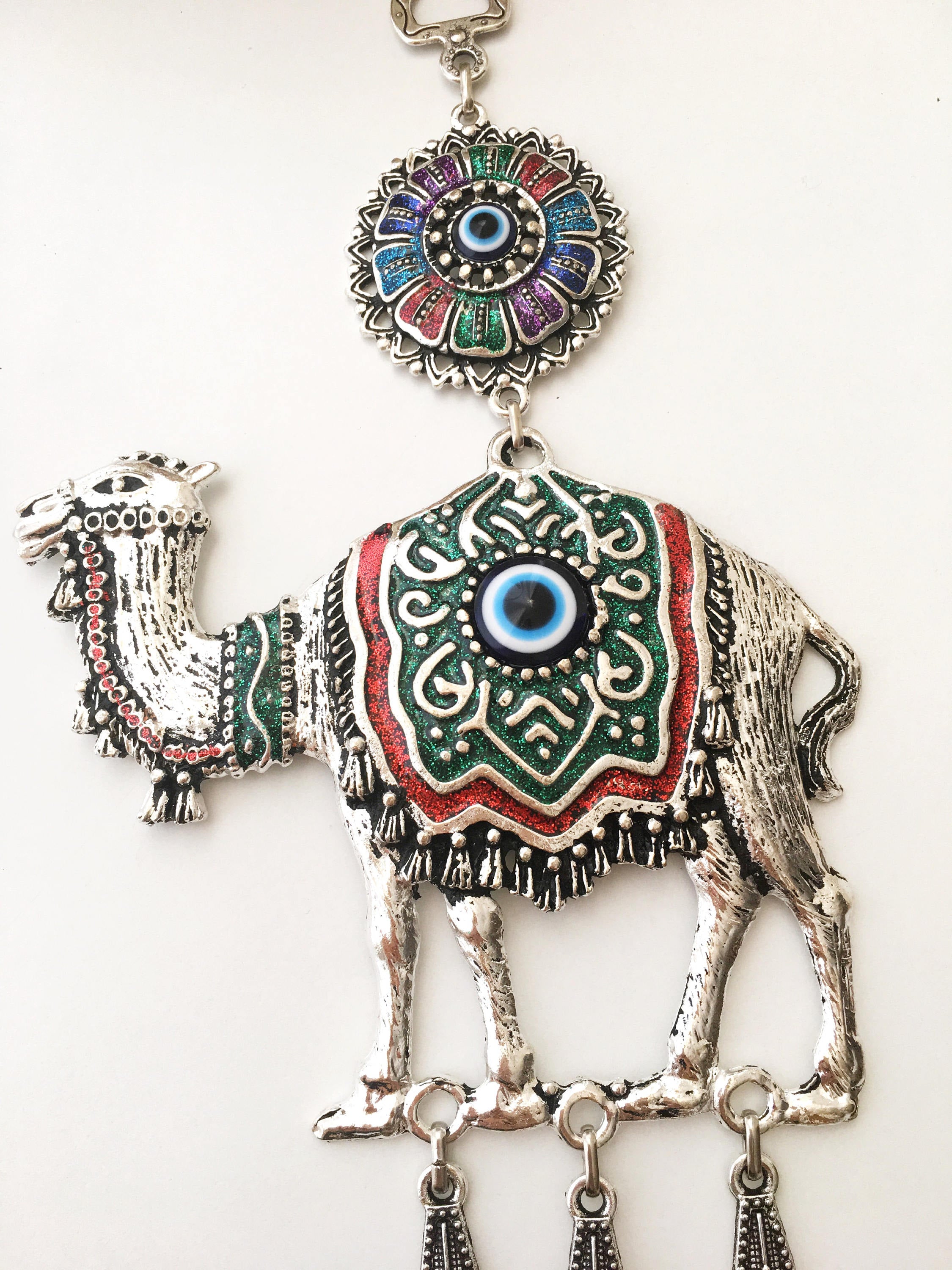 Large Camel Evil Eye Wall Hanging featuring unique handmade design with large evil eye beads and metal camel charm.