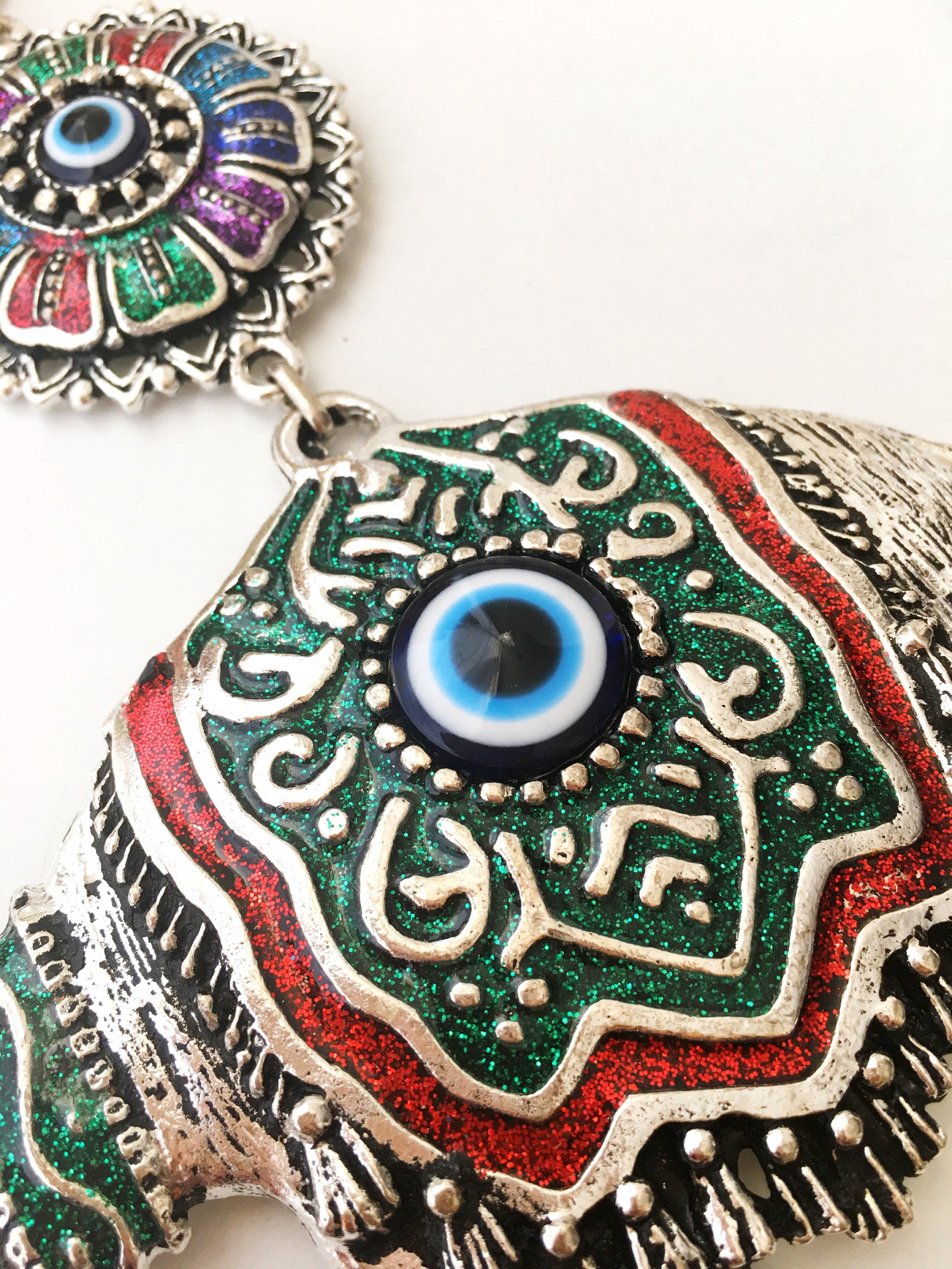 Large Camel Evil Eye Wall Hanging featuring unique handmade design with large evil eye beads and metal camel charm.