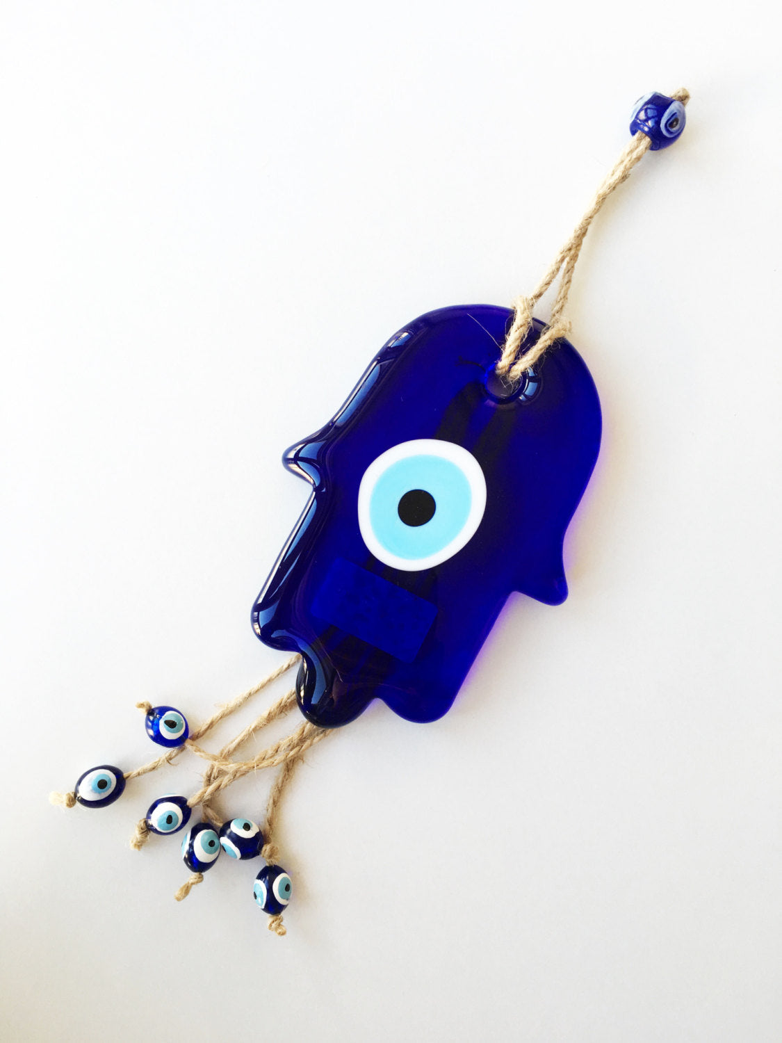 Large Hamsa Hand Evil Eye Ornament, handmade in Turkey, featuring intricate glass design and vibrant colors, measuring 30 cm in length.