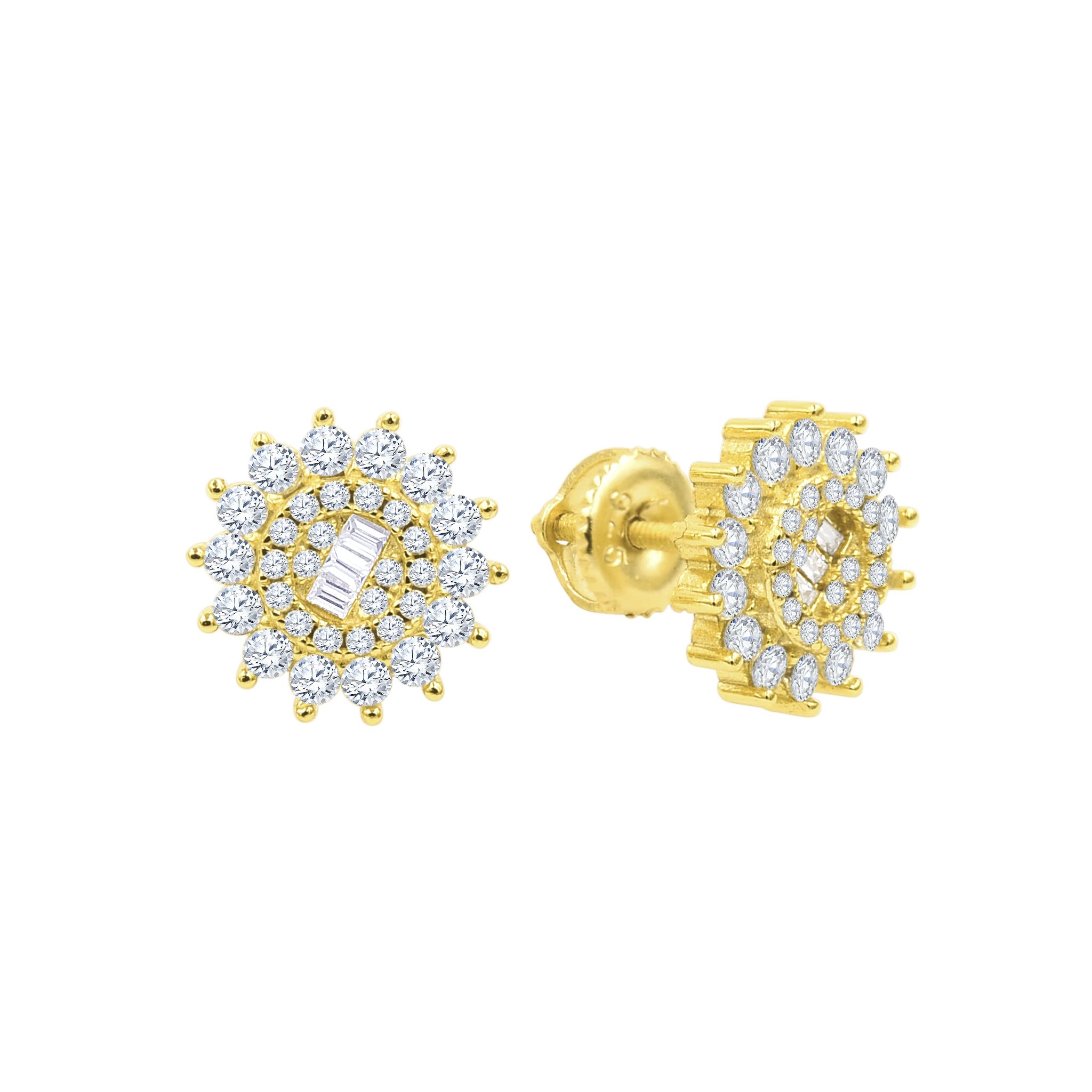 A pair of lavishly designed 925 silver stud earrings featuring sparkling cubic zircon stones, showcasing elegance and luxury.