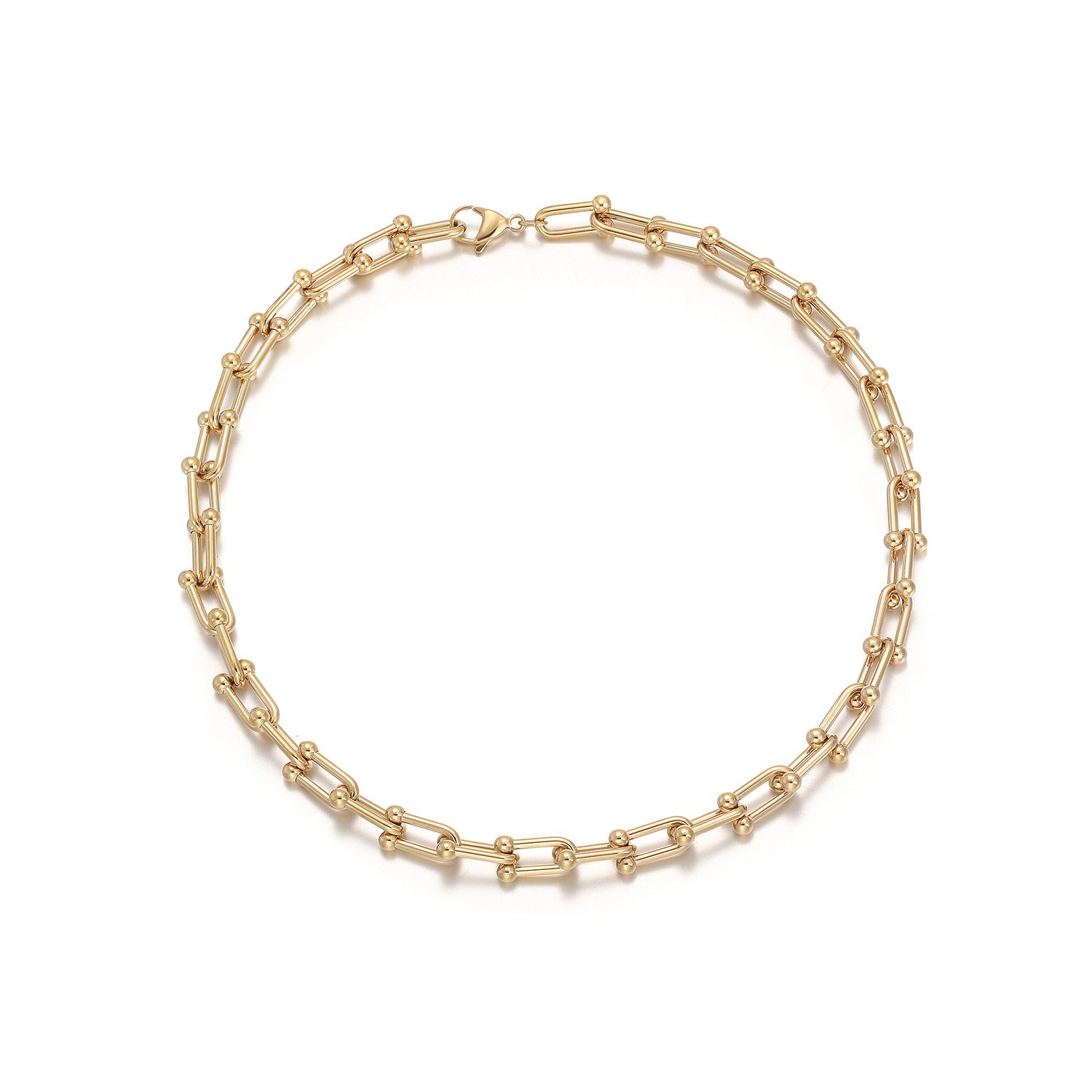 Le Cheval Necklace featuring horse shoe links in stainless steel, elegantly displayed in a gift box.