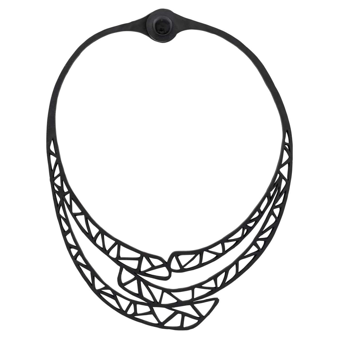 Lea Geometric Recycled Rubber Necklace featuring unique geometric patterns and a wraparound cord, handmade from recycled inner tubes.