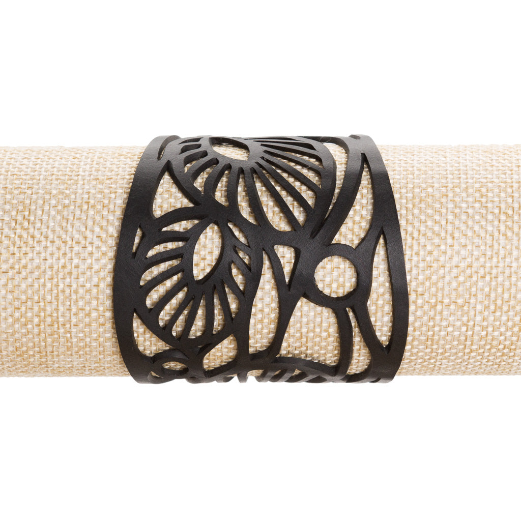 Leaf Art Nouveau Inner Tube Bracelet made from reclaimed rubber, featuring unique textures and a plastic button closure.