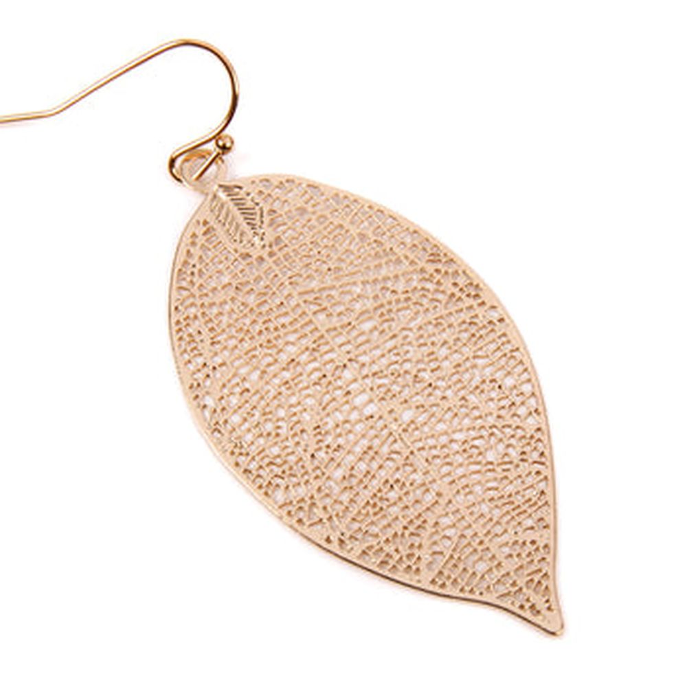 A pair of elegant Leaf Filigree Earrings in various colors, showcasing intricate leaf designs and a 2-inch drop length.
