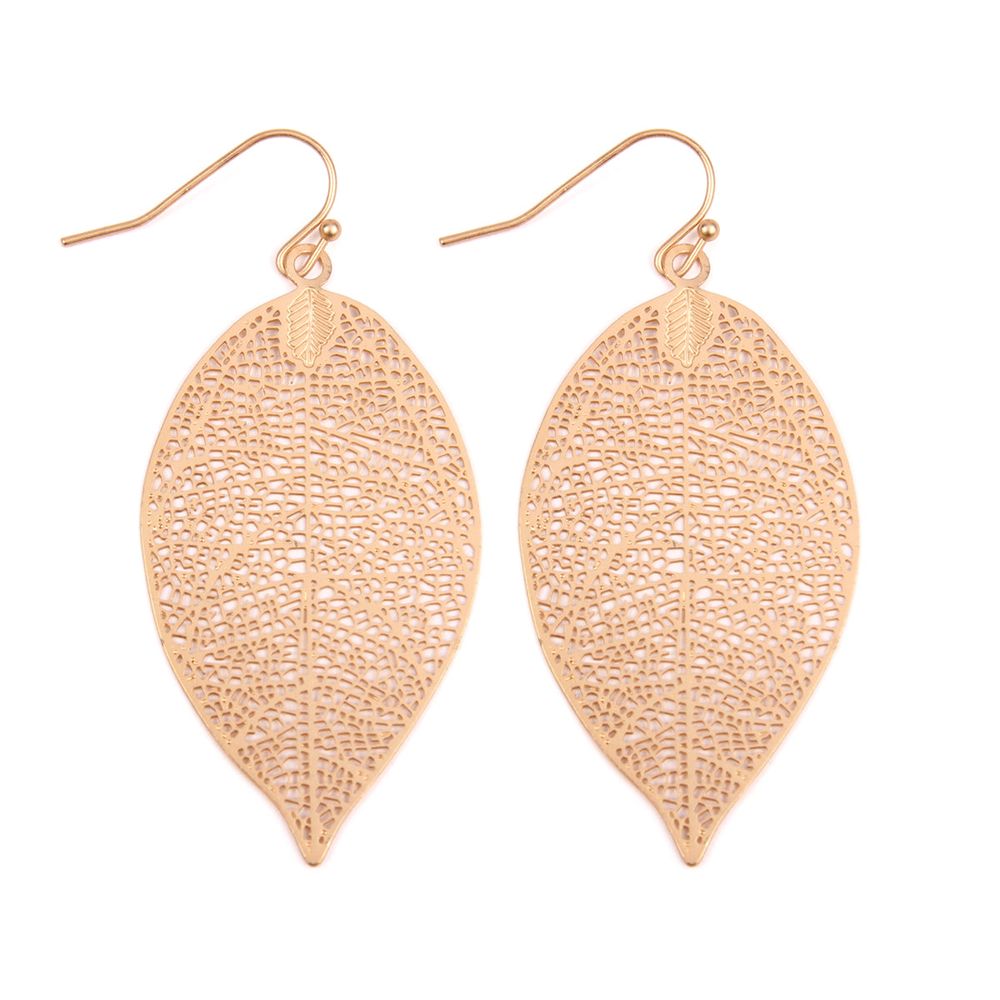 A pair of elegant Leaf Filigree Earrings in various colors, showcasing intricate leaf designs and a 2-inch drop length.