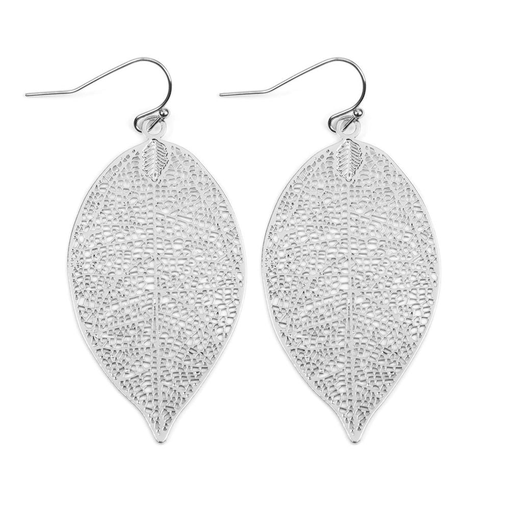A pair of elegant Leaf Filigree Earrings in various colors, showcasing intricate leaf designs and a 2-inch drop length.