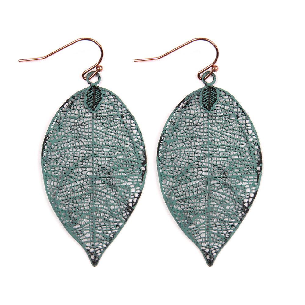 A pair of elegant Leaf Filigree Earrings in various colors, showcasing intricate leaf designs and a 2-inch drop length.