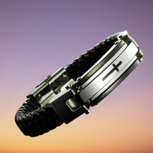 Leather Braided Stainless Steel Men Bracelet featuring a cross design, adjustable clasp, and high-quality materials.