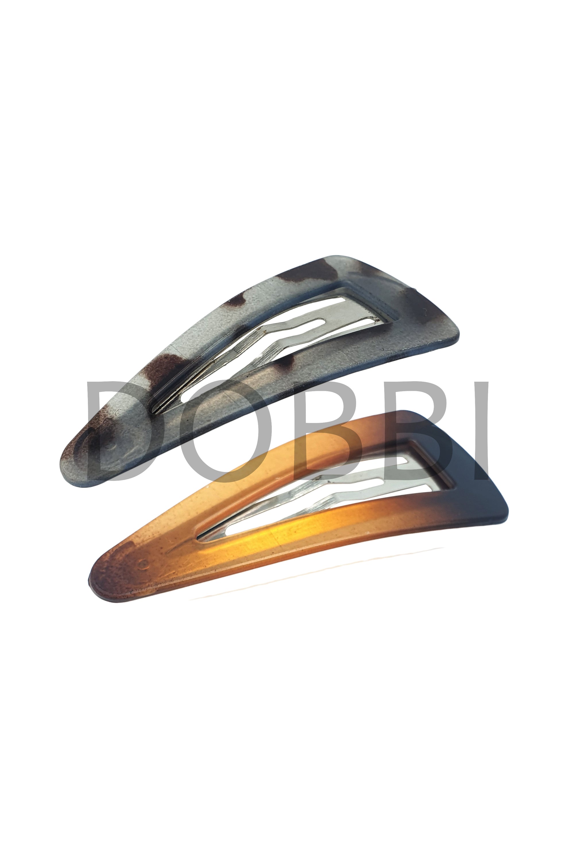 A pair of stylish leopard triangle hair clips made of durable plastic, showcasing a trendy animal print design.