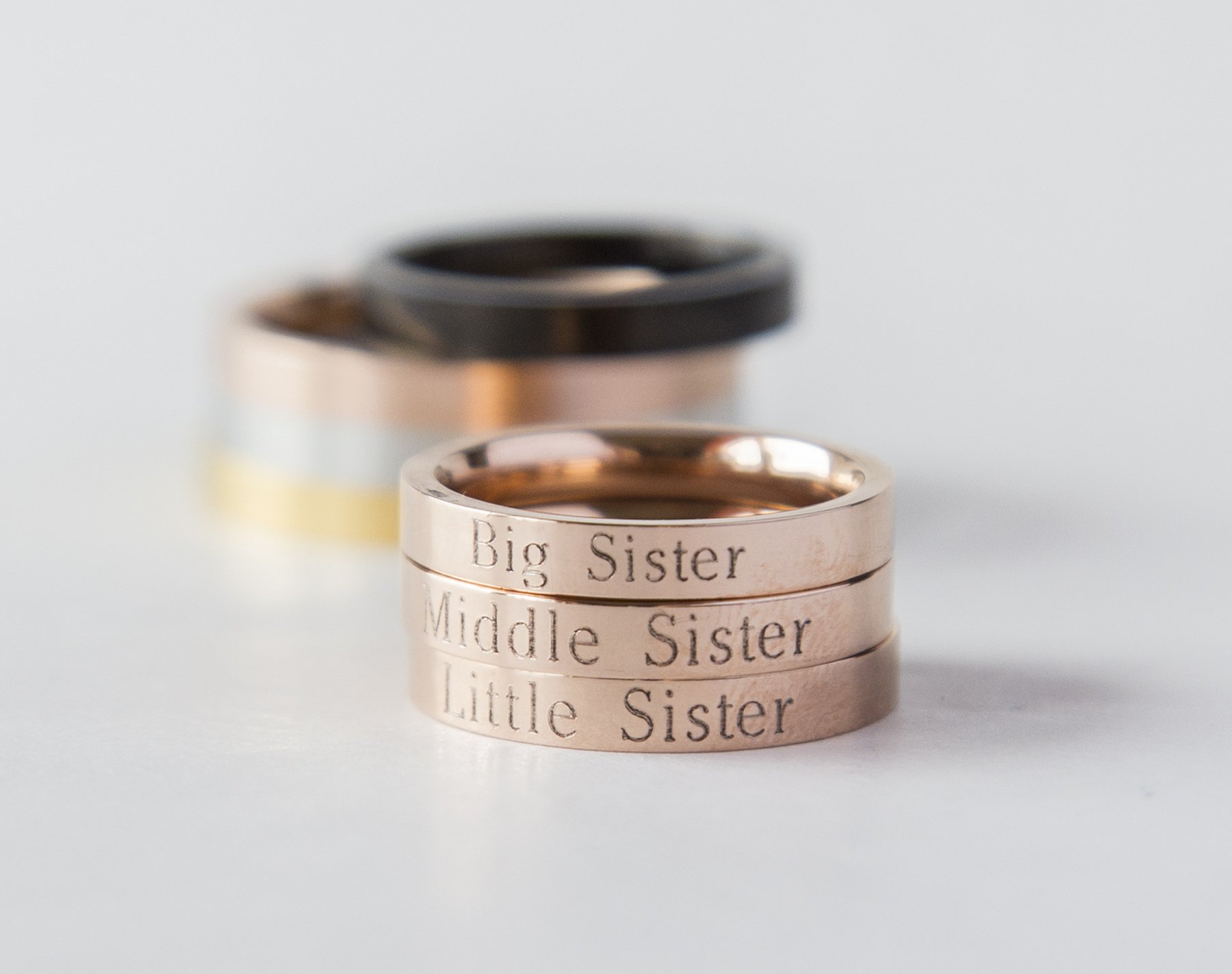 Personalized Lil Sis Big Sis Ring in rose gold, featuring custom engraving and a 3mm wide design, perfect for sisters.
