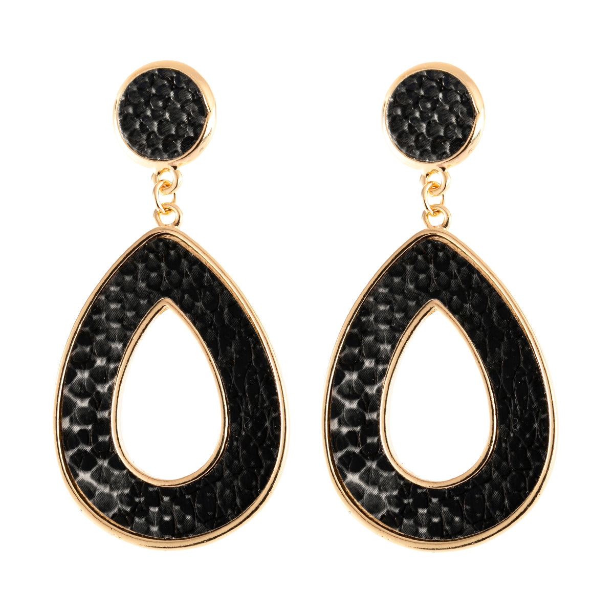 Linked pear shape dangle earrings with snake skin print, crafted from base metal and faux leather, showcasing a stylish summer accessory.