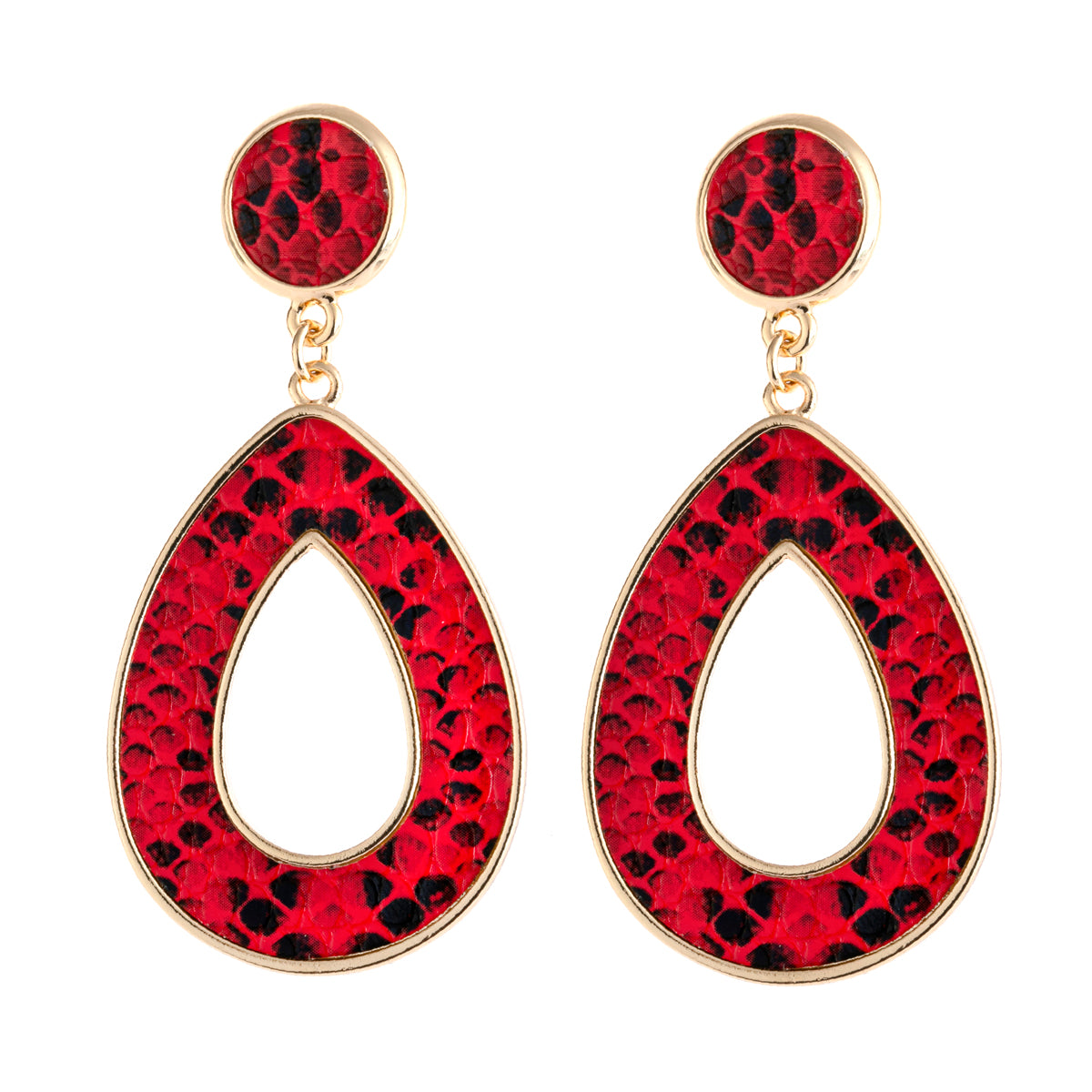 Linked pear shape dangle earrings with snake skin print, crafted from base metal and faux leather, showcasing a stylish summer accessory.