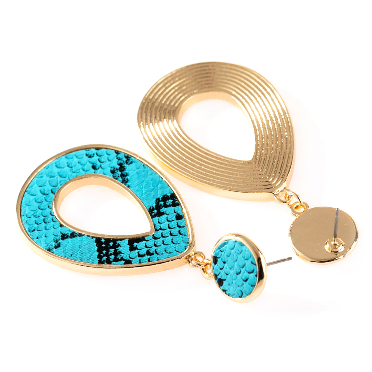 Linked pear shape dangle earrings with snake skin print, crafted from base metal and faux leather, showcasing a stylish summer accessory.