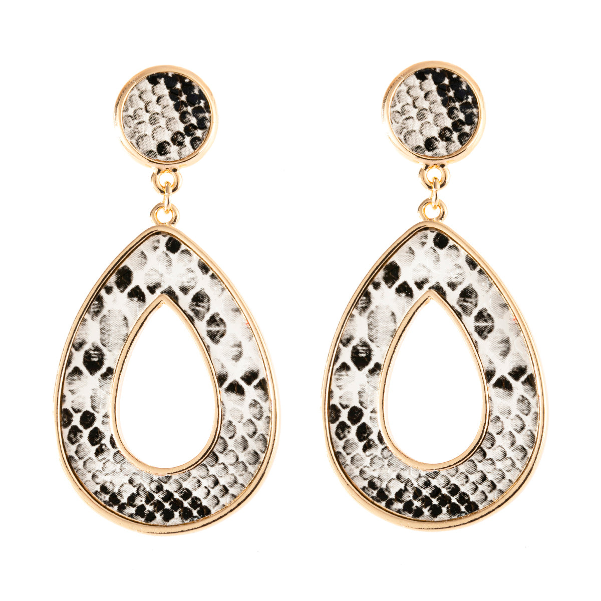 Linked pear shape dangle earrings with snake skin print, crafted from base metal and faux leather, showcasing a stylish summer accessory.