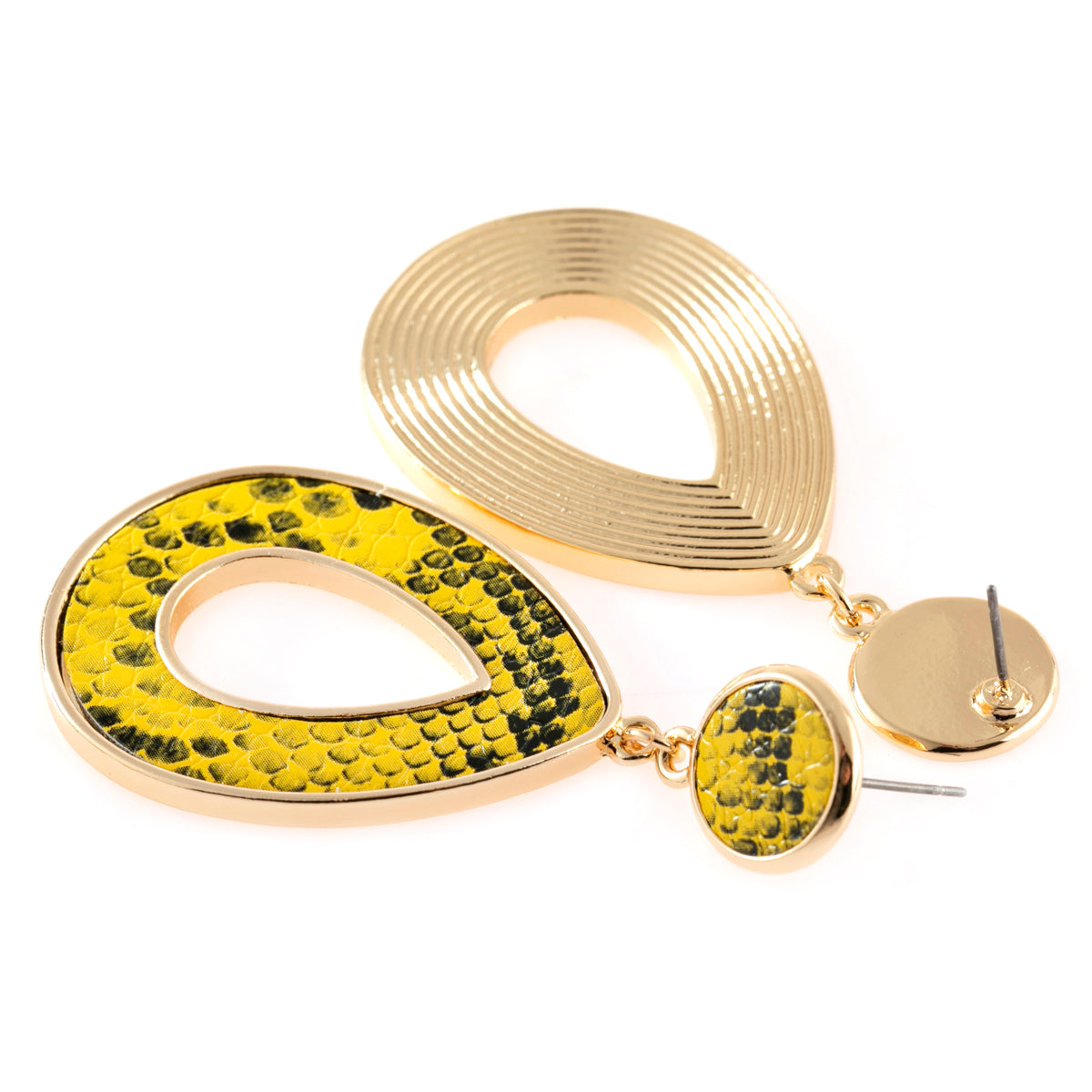 Linked pear shape dangle earrings with snake skin print, crafted from base metal and faux leather, showcasing a stylish summer accessory.