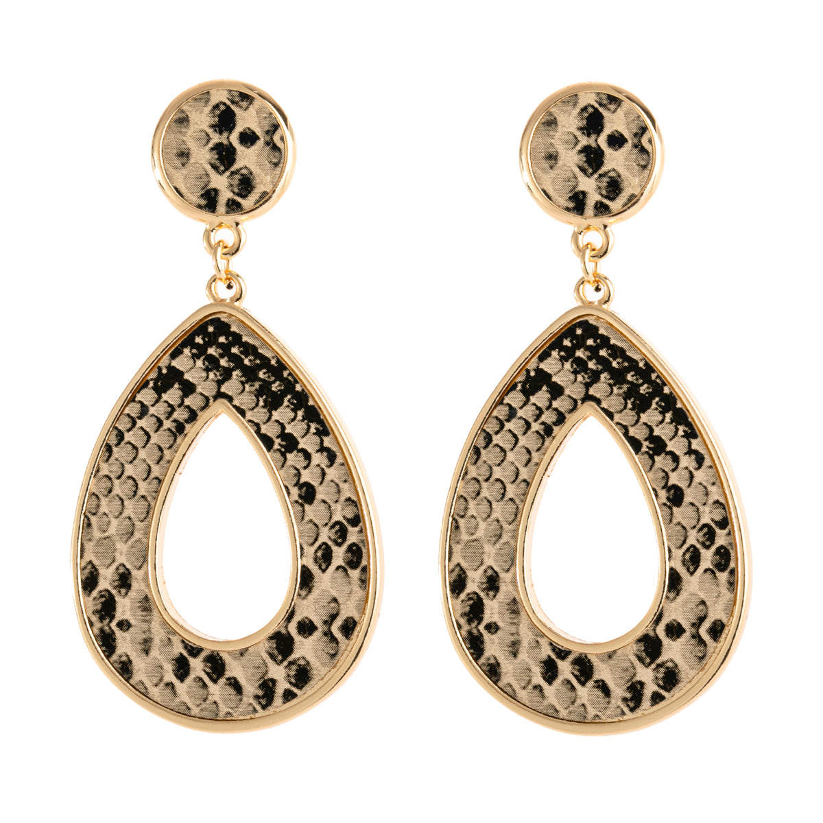 Linked pear shape dangle earrings with snake skin print, crafted from base metal and faux leather, showcasing a stylish summer accessory.