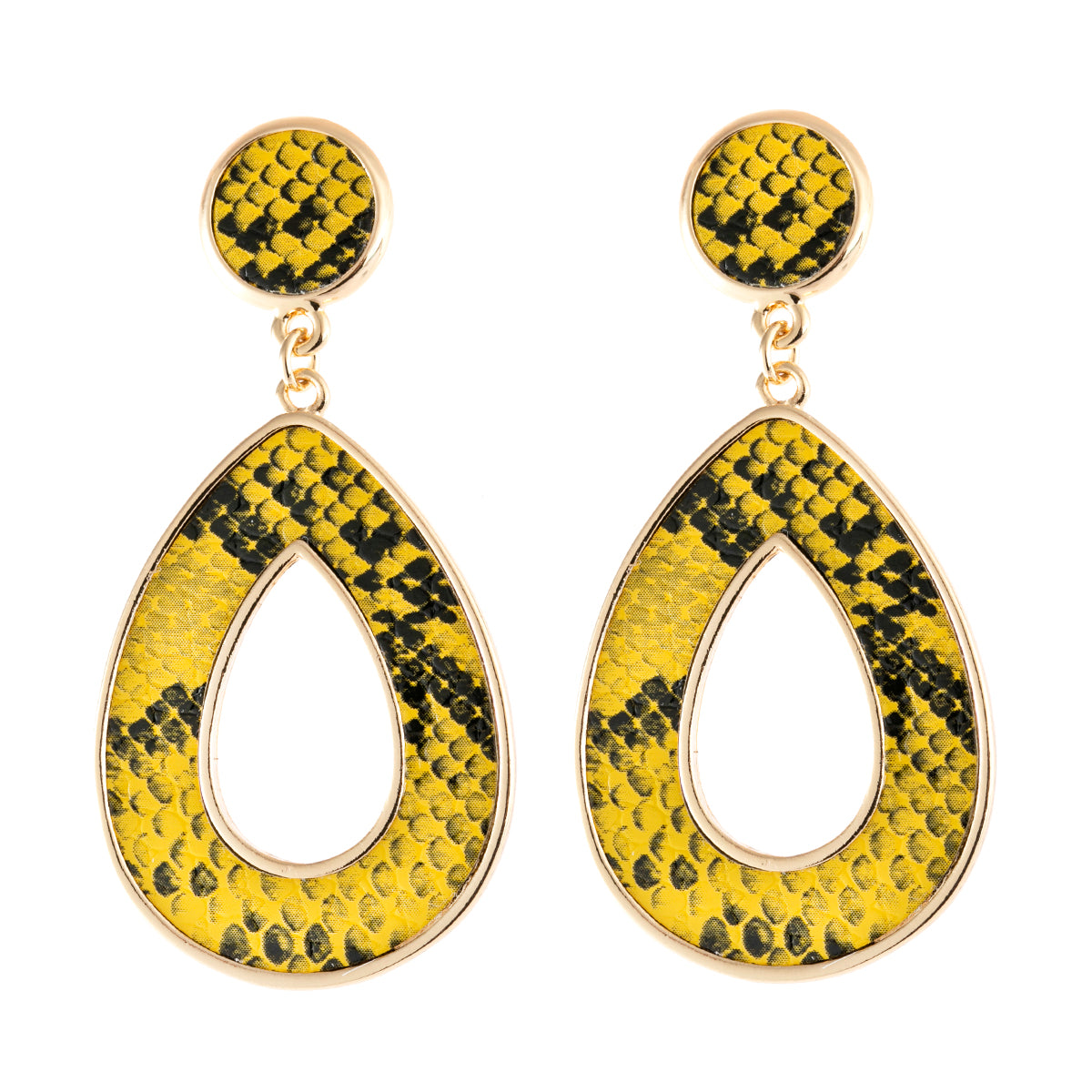 Linked pear shape dangle earrings with snake skin print, crafted from base metal and faux leather, showcasing a stylish summer accessory.
