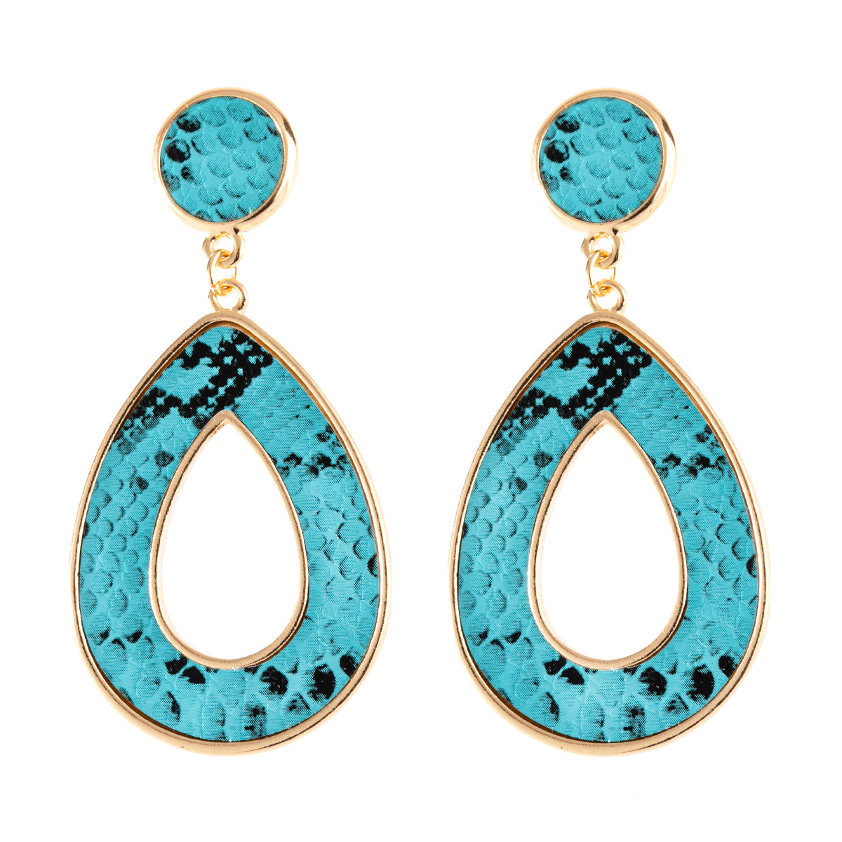 Linked pear shape dangle earrings with snake skin print, crafted from base metal and faux leather, showcasing a stylish summer accessory.