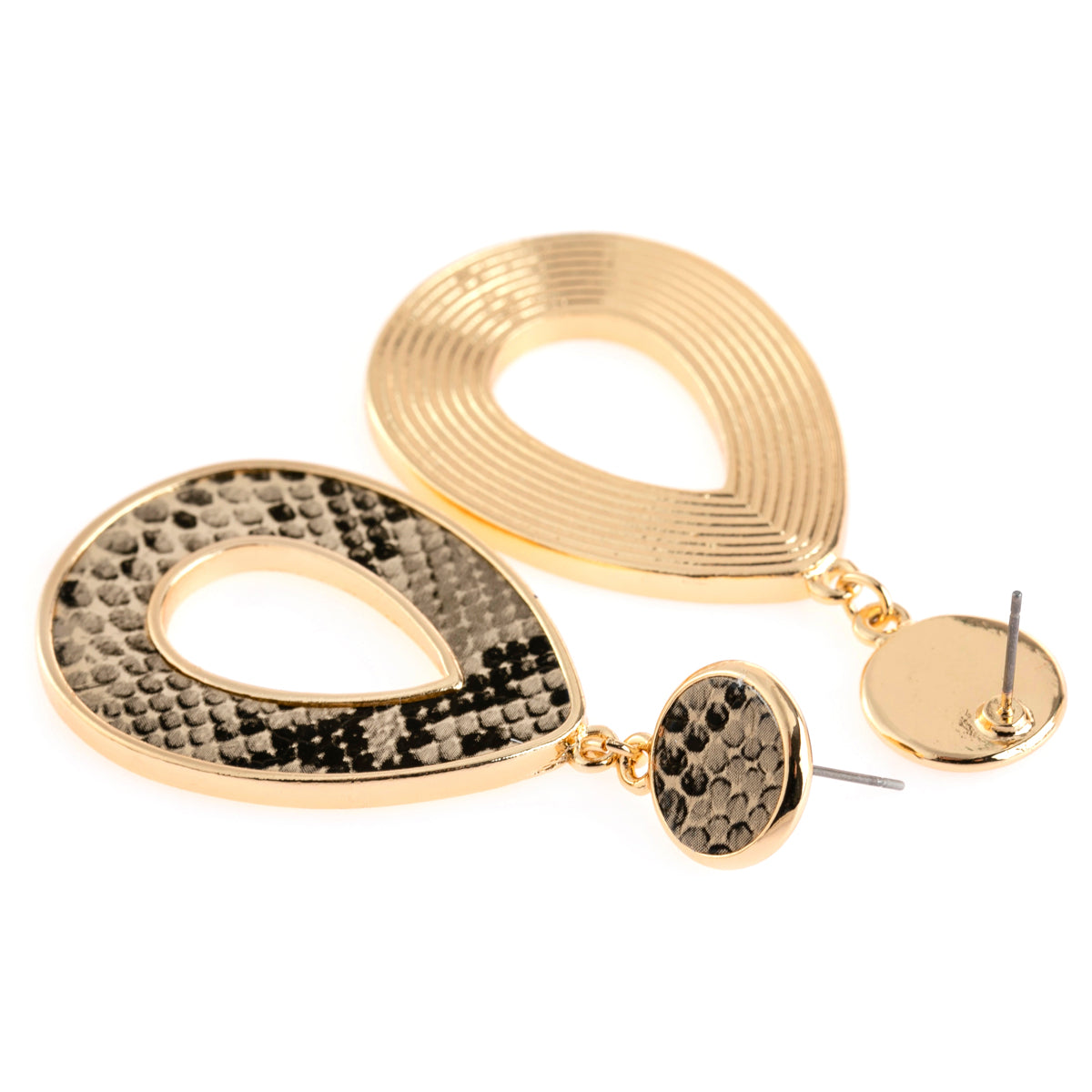Linked pear shape dangle earrings with snake skin print, crafted from base metal and faux leather, showcasing a stylish summer accessory.