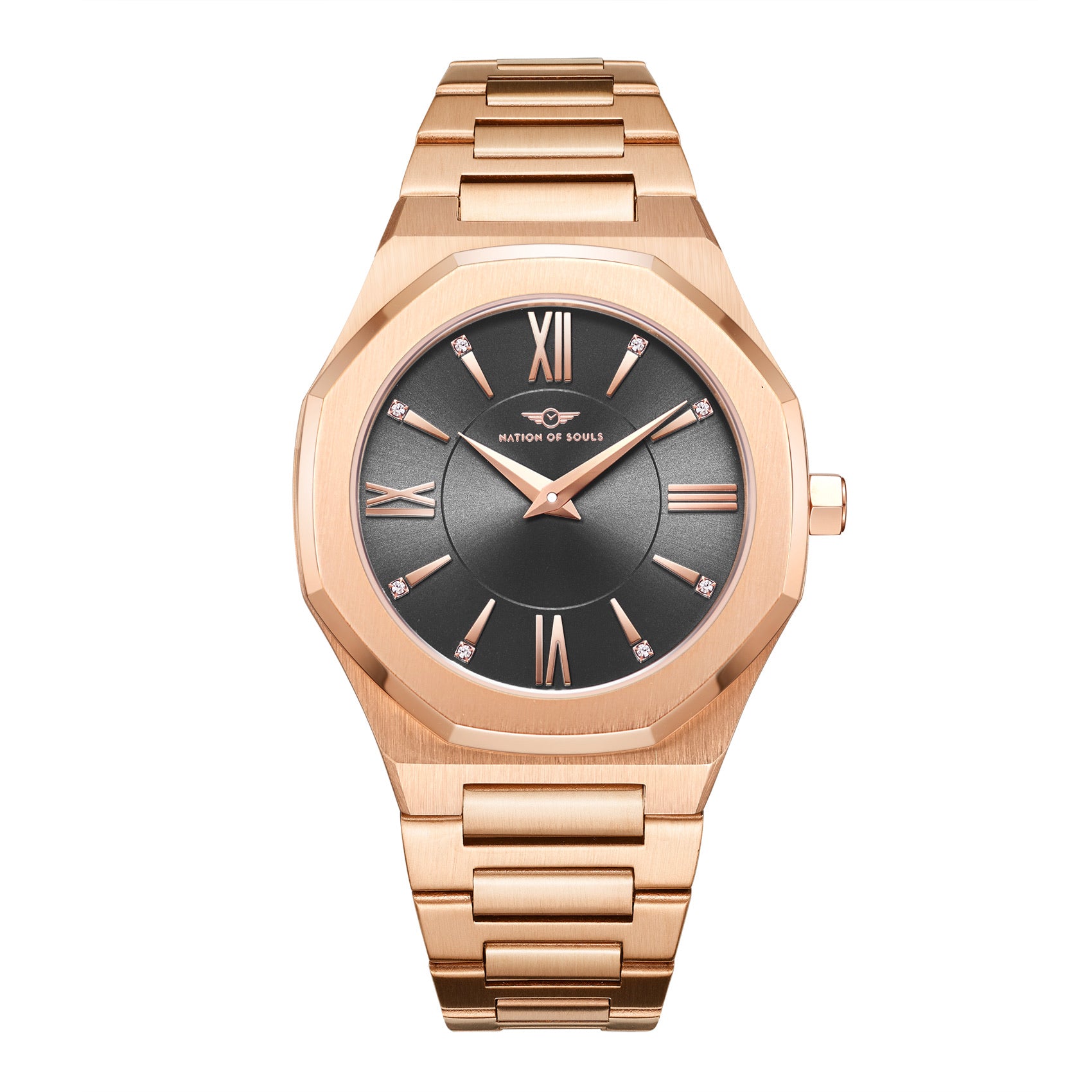 Livia Rose Gold - Smoke watch featuring Roman numerals and a Sunray dial with a multi-link bracelet.