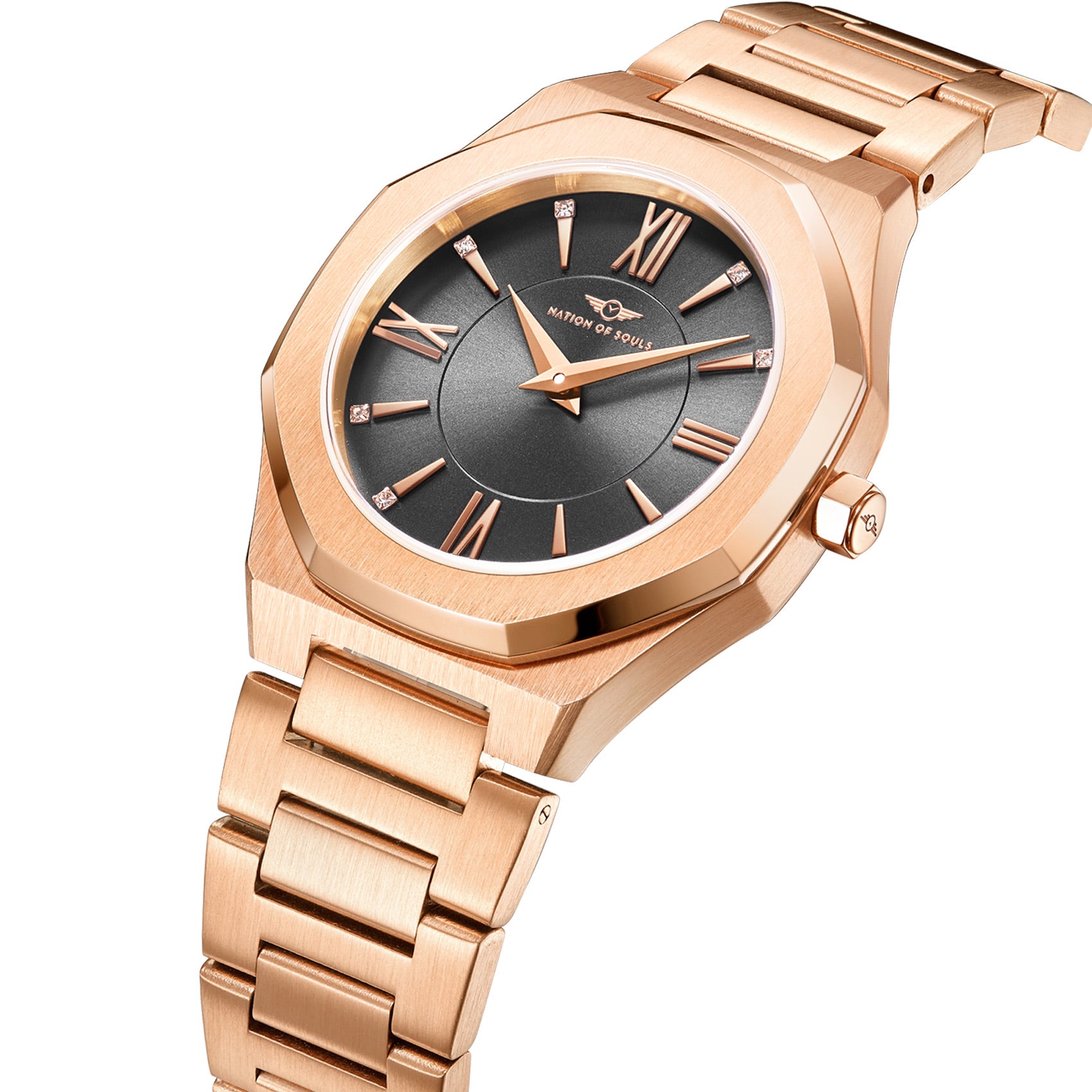 Livia Rose Gold - Smoke watch featuring Roman numerals and a Sunray dial with a multi-link bracelet.