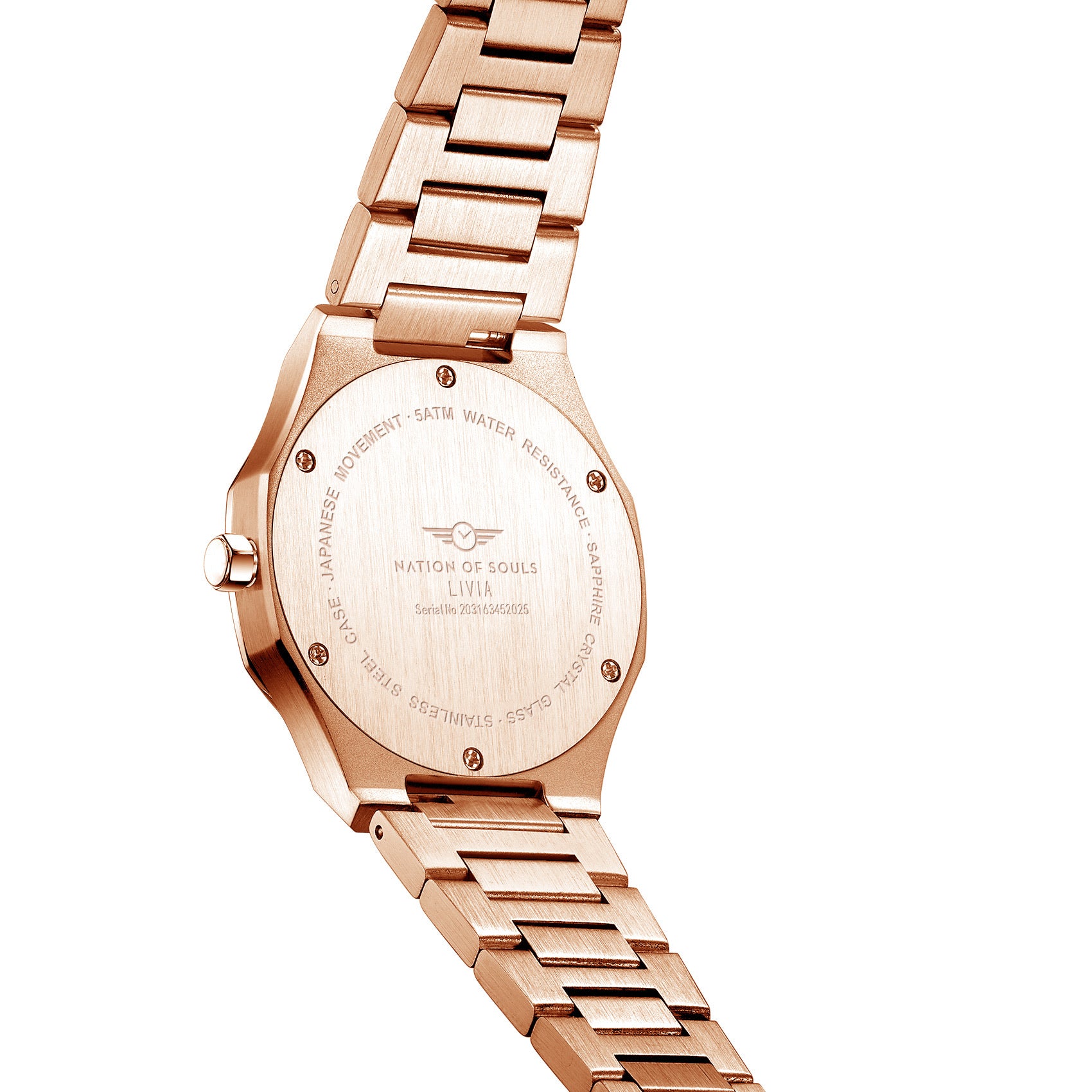 Livia Rose Gold - Smoke watch featuring Roman numerals and a Sunray dial with a multi-link bracelet.