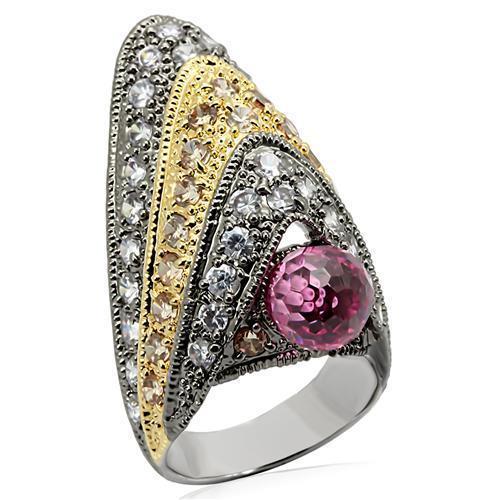 LO1001 Rhodium+Gold+Ruthenium Brass Ring featuring AAA Grade CZ stones, showcasing a multi-color center stone and elegant finish.