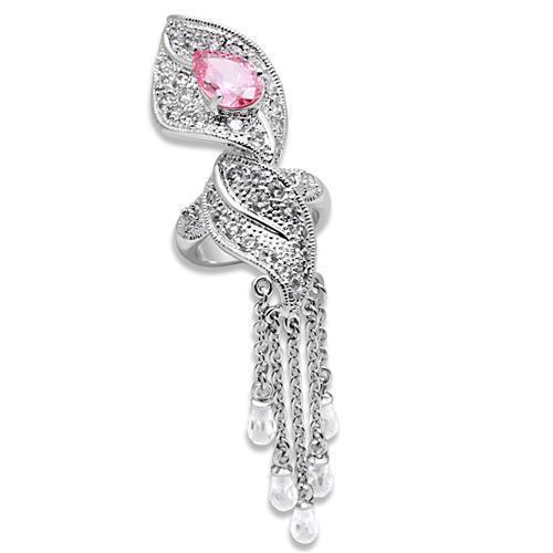 LO1010 Rhodium Brass Ring featuring AAA Grade CZ stone in rose color, elegantly designed for a luxurious look.
