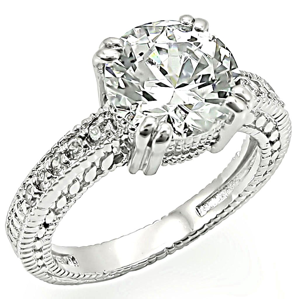 LO1255 Rhodium Brass Ring featuring a clear AAA Grade CZ stone, showcasing its elegant design and luxurious finish.
